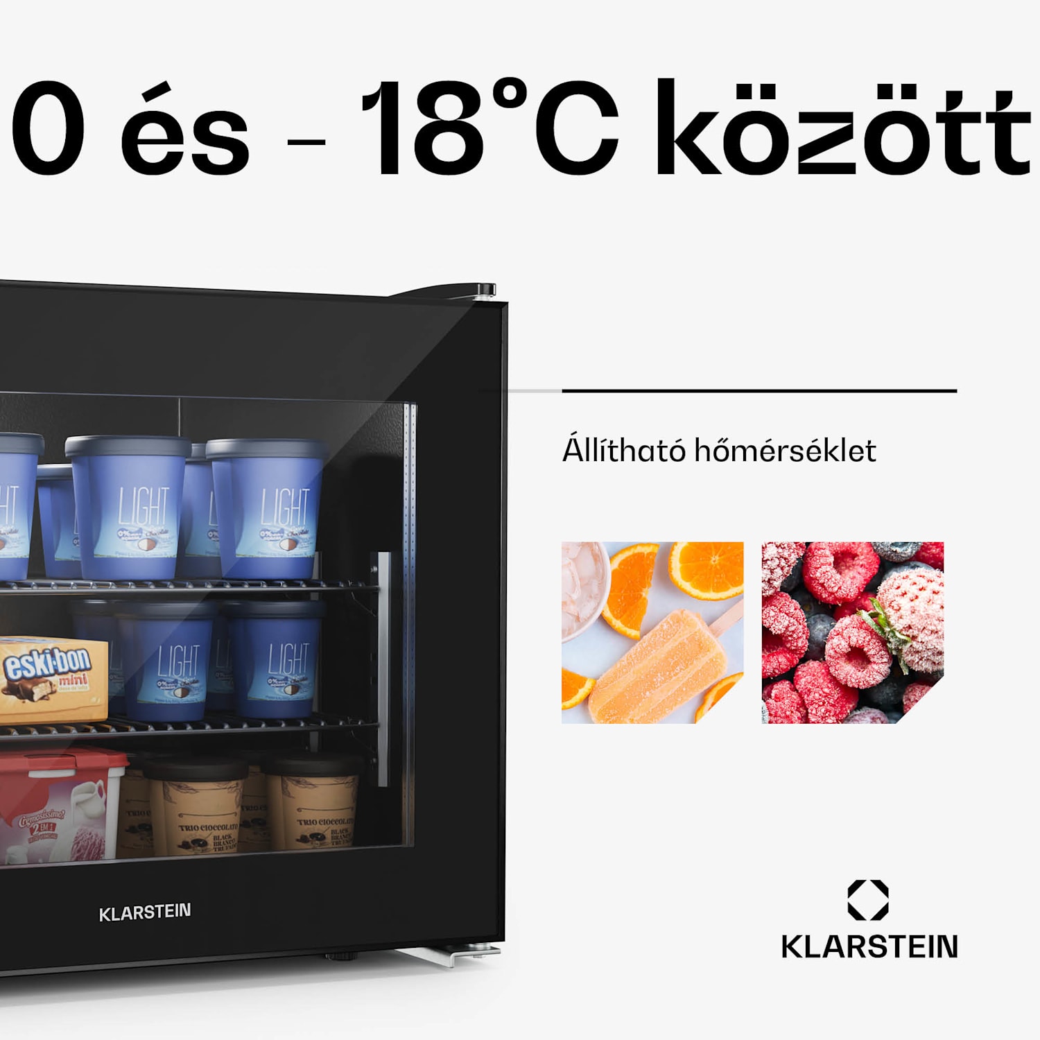 IceAge 42 fagyasztó, 42 liter, EEK E, 2 polc, termosztát, üveg előlap 42 Ltr | Fekete