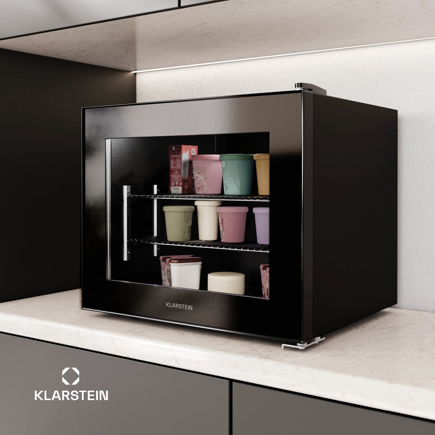 IceAge 42 fagyasztó, 42 liter, EEK E, 2 polc, termosztát, üveg előlap 42 Ltr | Fekete