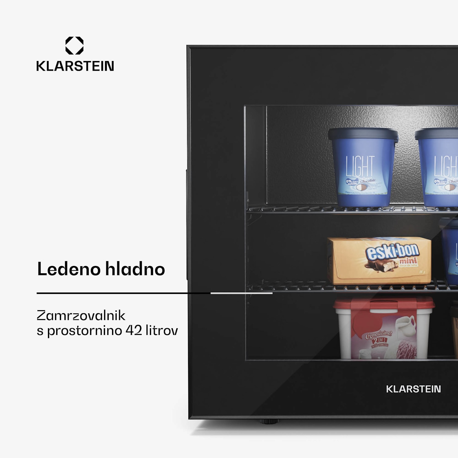 IceAge 42 zamrzovalnik, 42 litrov, EEK E, 2 polici, termostat, steklena sprednja stran 42 Ltr | Črna