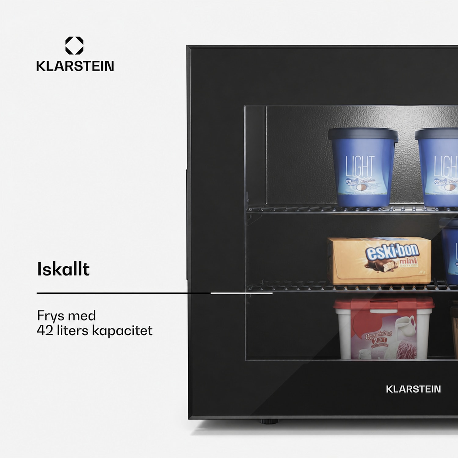 IceAge 42 frys | 42 liters volym | EK E | 2 hyllplan | Termostat | Glasfront 42 l | Svart