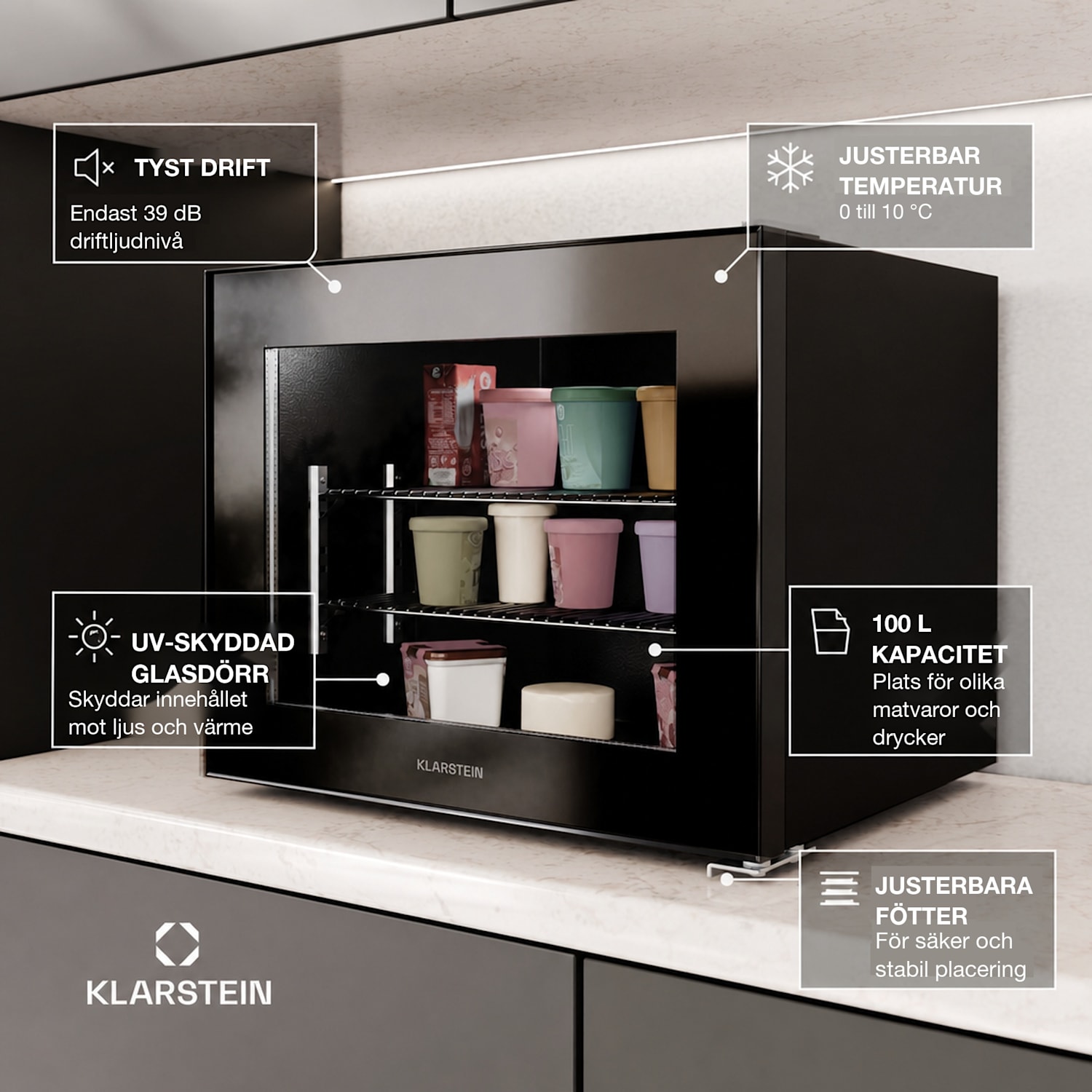 IceAge 42 frys | 42 liters volym | EK E | 2 hyllplan | Termostat | Glasfront 42 l | Svart