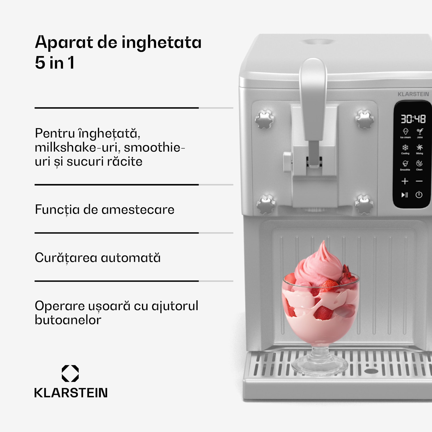 Mașină de făcut înghețată SweetSwirl, înghețată, smoothie-uri și milkshake-uri, curățare automată Alb