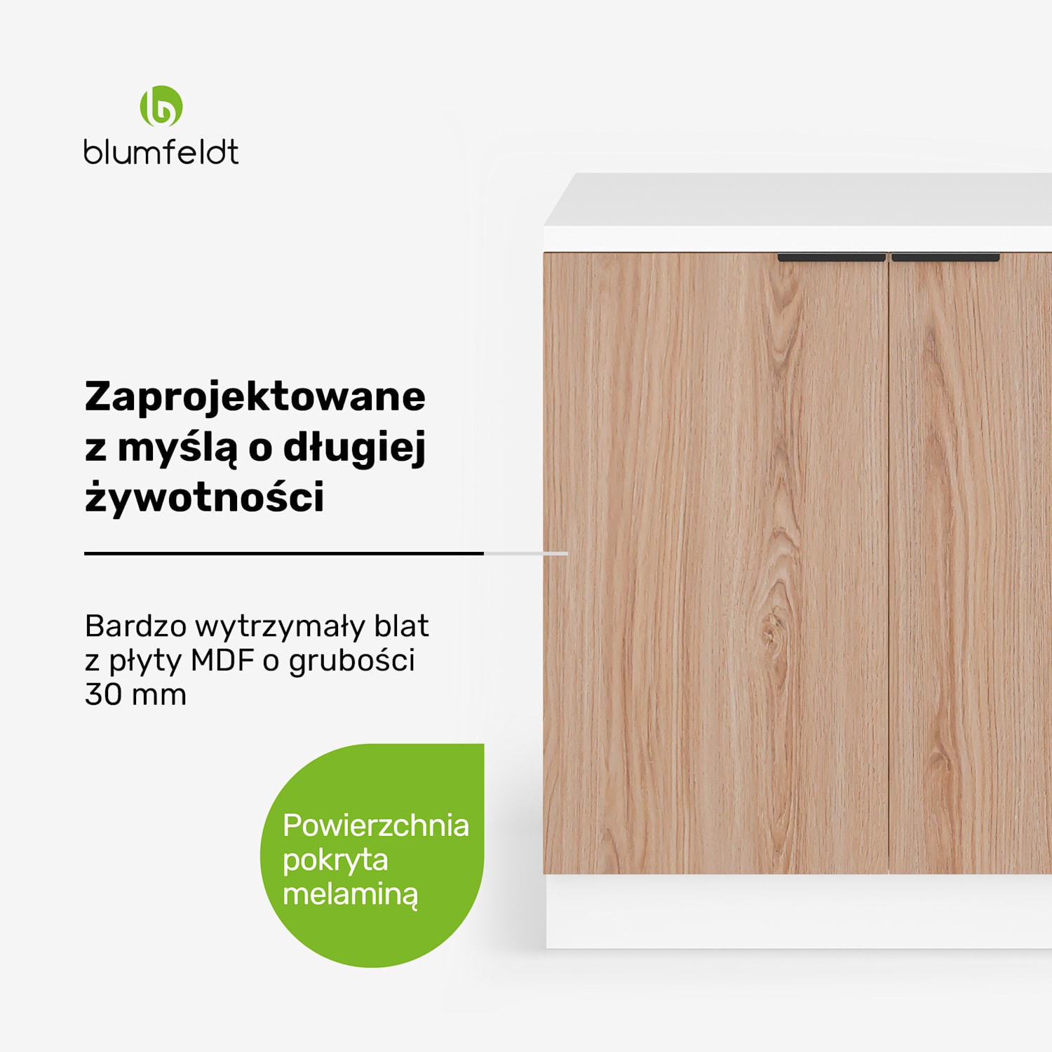 WoodVista szafka pod zlewozmywak, solidna, zawiasy Soft-Close, aluminiowe uchwyty Szafka pod zlewozmywak 80 cm | Biały / Dąb