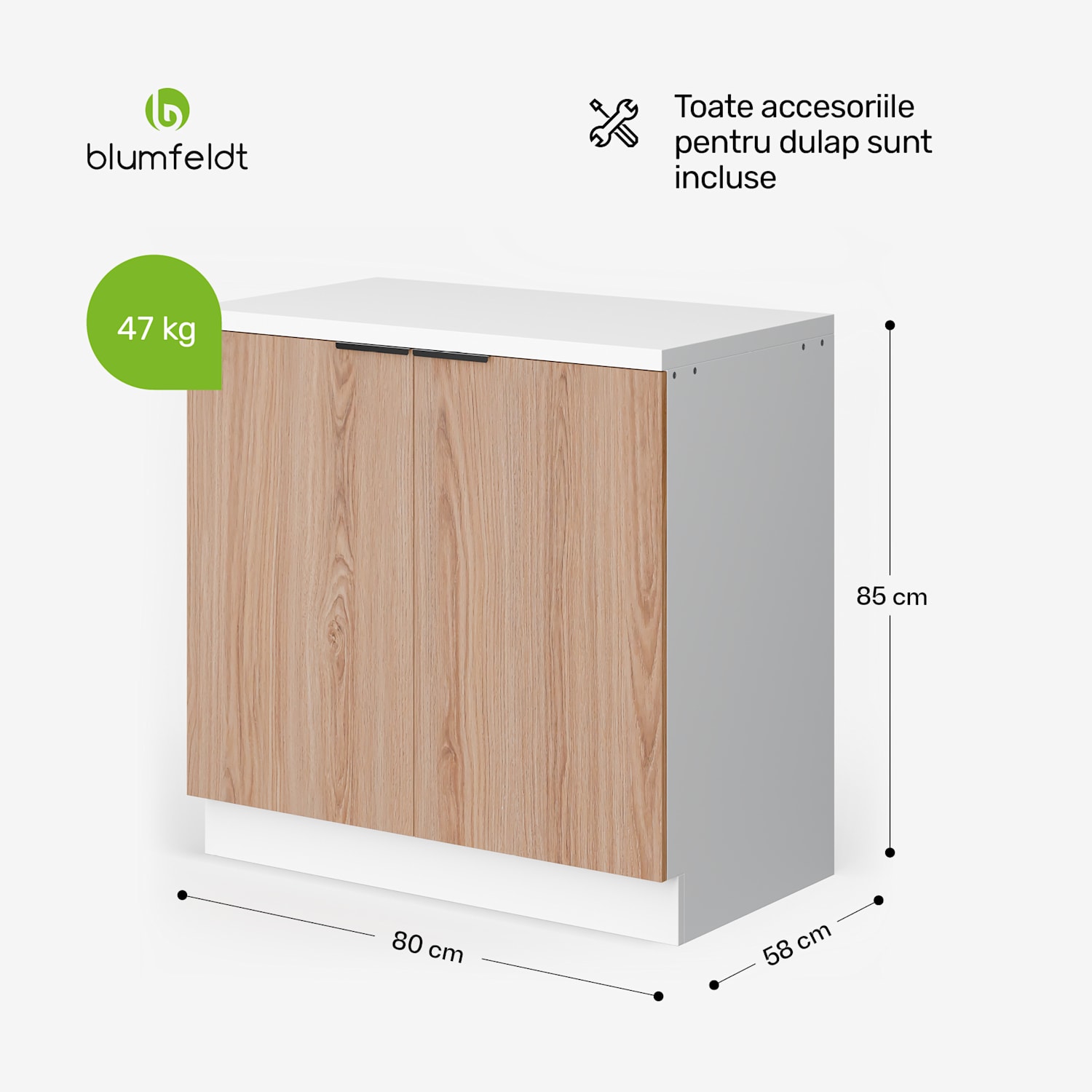 Dulap pentru chiuveta WoodVista, Robust, Balamale Soft-Close Unitate de bază chiuvetă 80 cm | Alb / Stejar