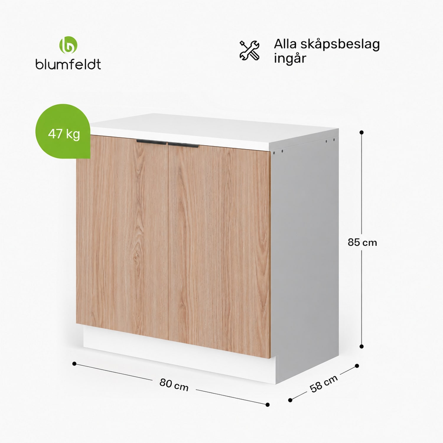 WoodVista diskbänksskåp | Robust | Mjukstängande gångjärn | Aluminiumhandtag Diskbänk bottenenhet 80 cm | Vit / Ek