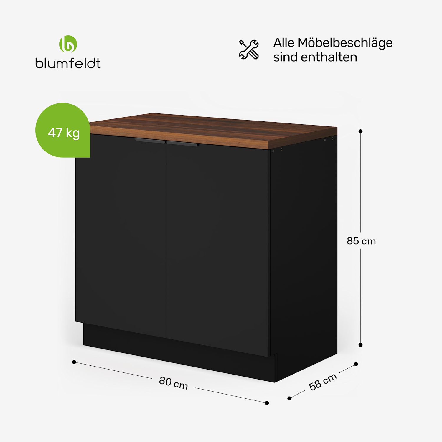 WoodVista Elément bas pour évier | Robuste | Charnières Soft-Close | poignée en aluminium Meuble sous évier 80 cm | Noyer / Noir