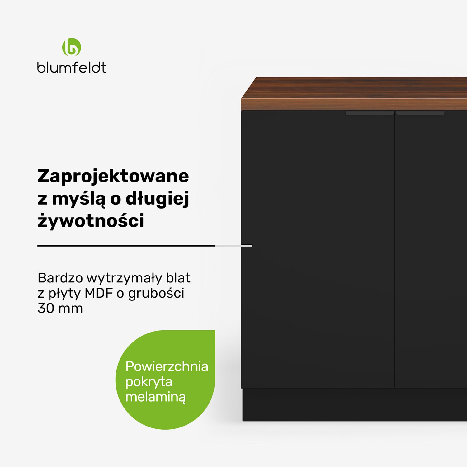 WoodVista szafka pod zlewozmywak, solidna, zawiasy Soft-Close, aluminiowe uchwyty Szafka pod zlewozmywak 80 cm | Orzech / czerń