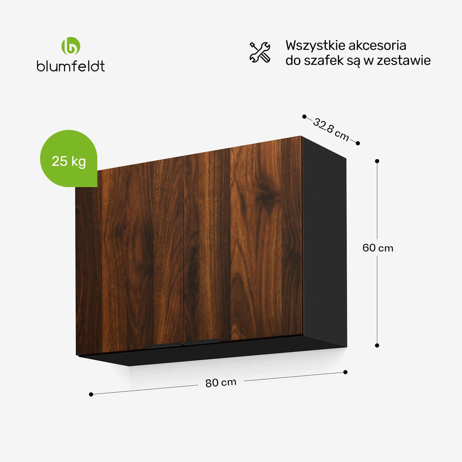 WoodVista szafka wysoka, Soft-Close, uchwyty aluminiowe, zrównoważone materiały Szafka ścienna 80 cm | Orzech / czerń