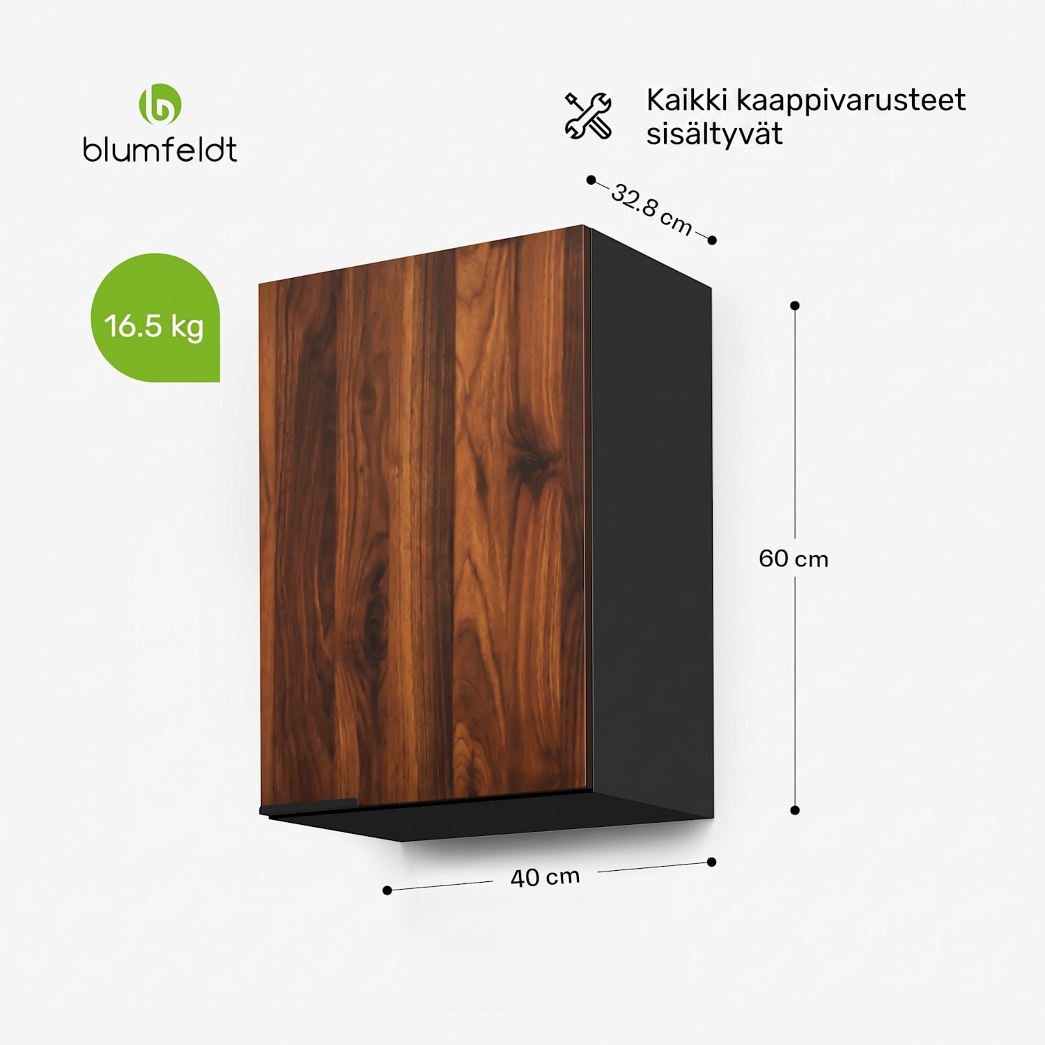 WoodVista-kaappi | Soft Close | alumiinikahvat | kestävät materiaalit Seinäkaappi 40 cm | Pähkinä / Musta