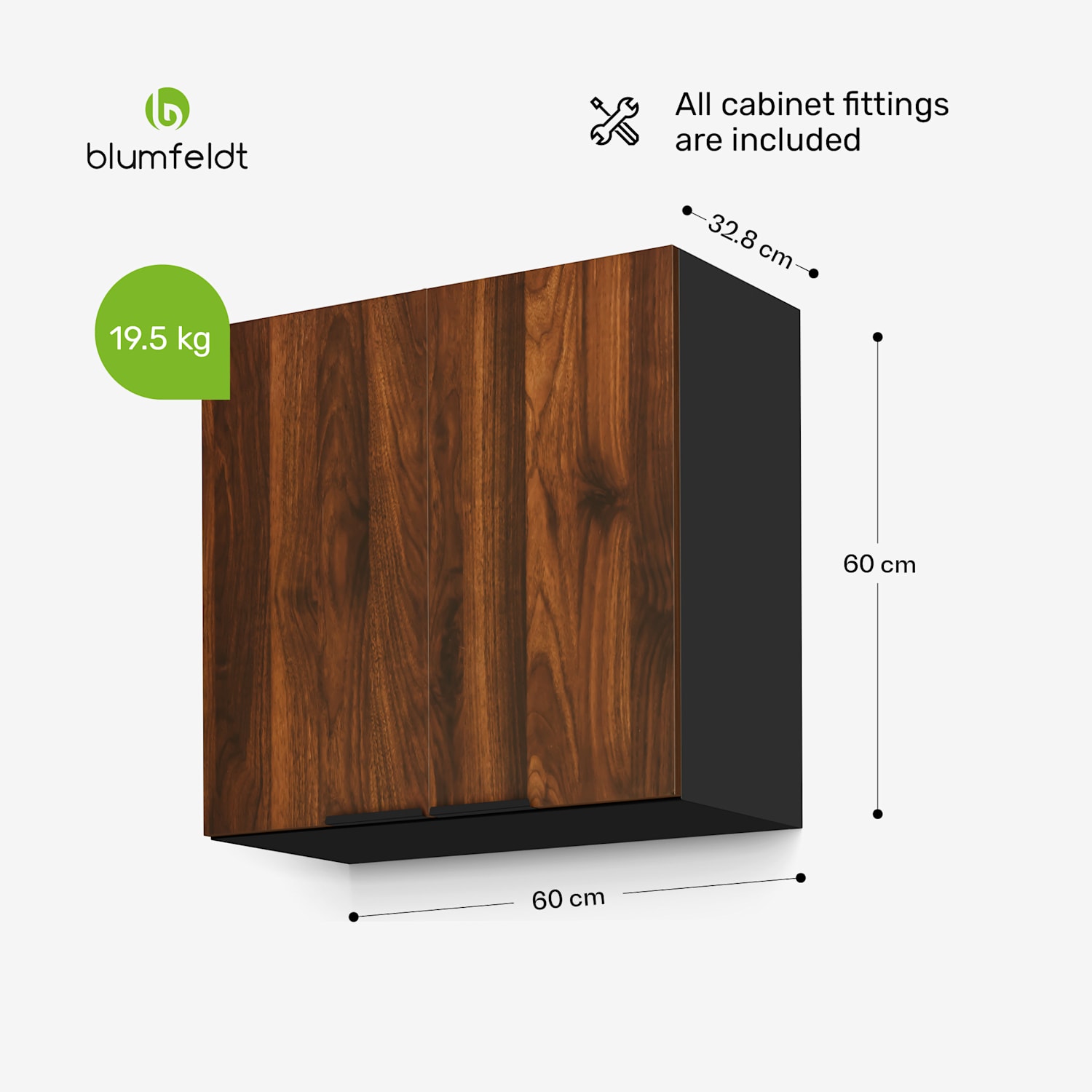 WoodVista-kaappi | Soft Close | alumiinikahvat | kestävät materiaalit Seinäkaappi 60 cm | Pähkinä / Musta