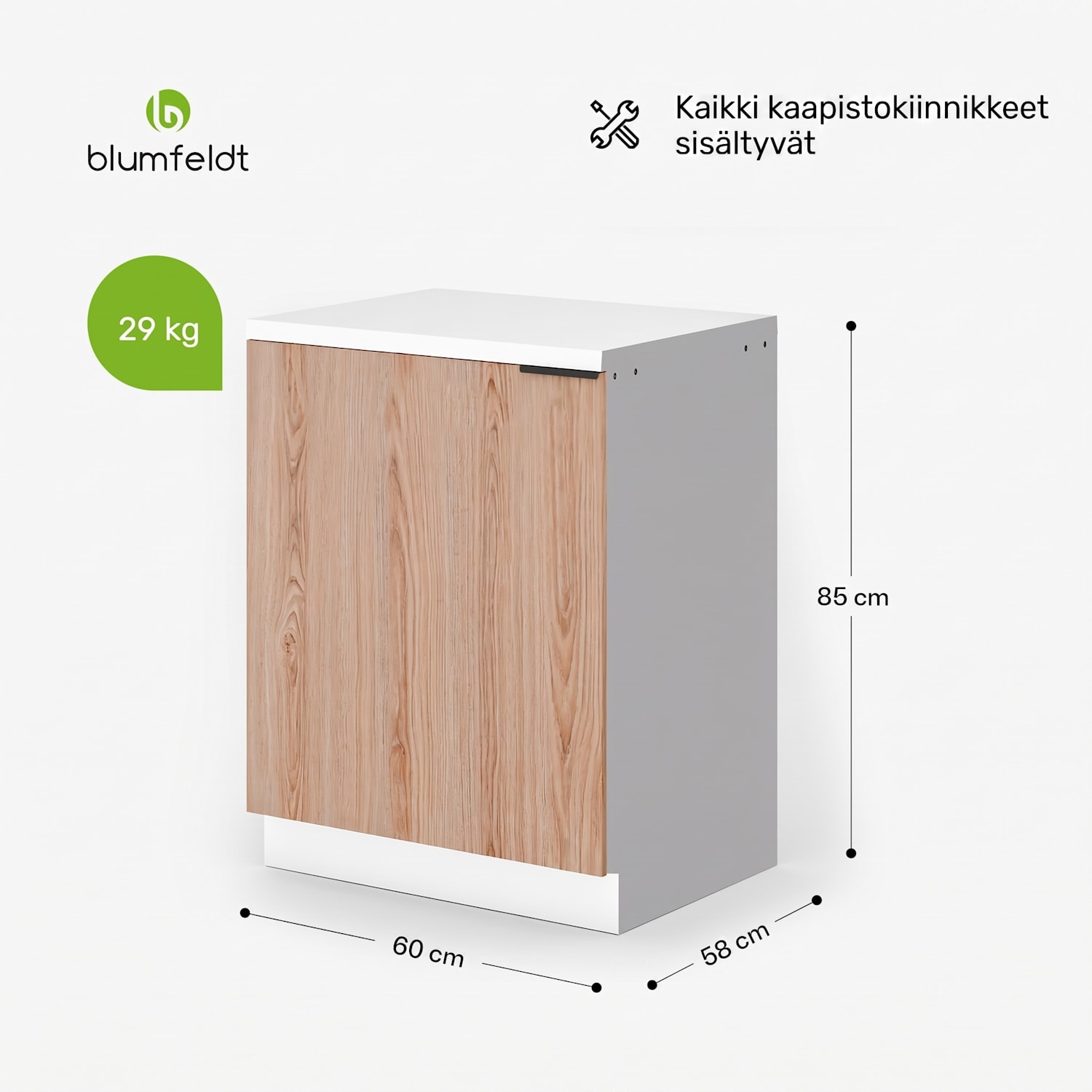 WoodVista allaskaappi | kestävä | pehmeästi sulkeutuvat saranat | alumiinikahva Altaan pohjaosa 60 cm | Valkoinen / Tammi