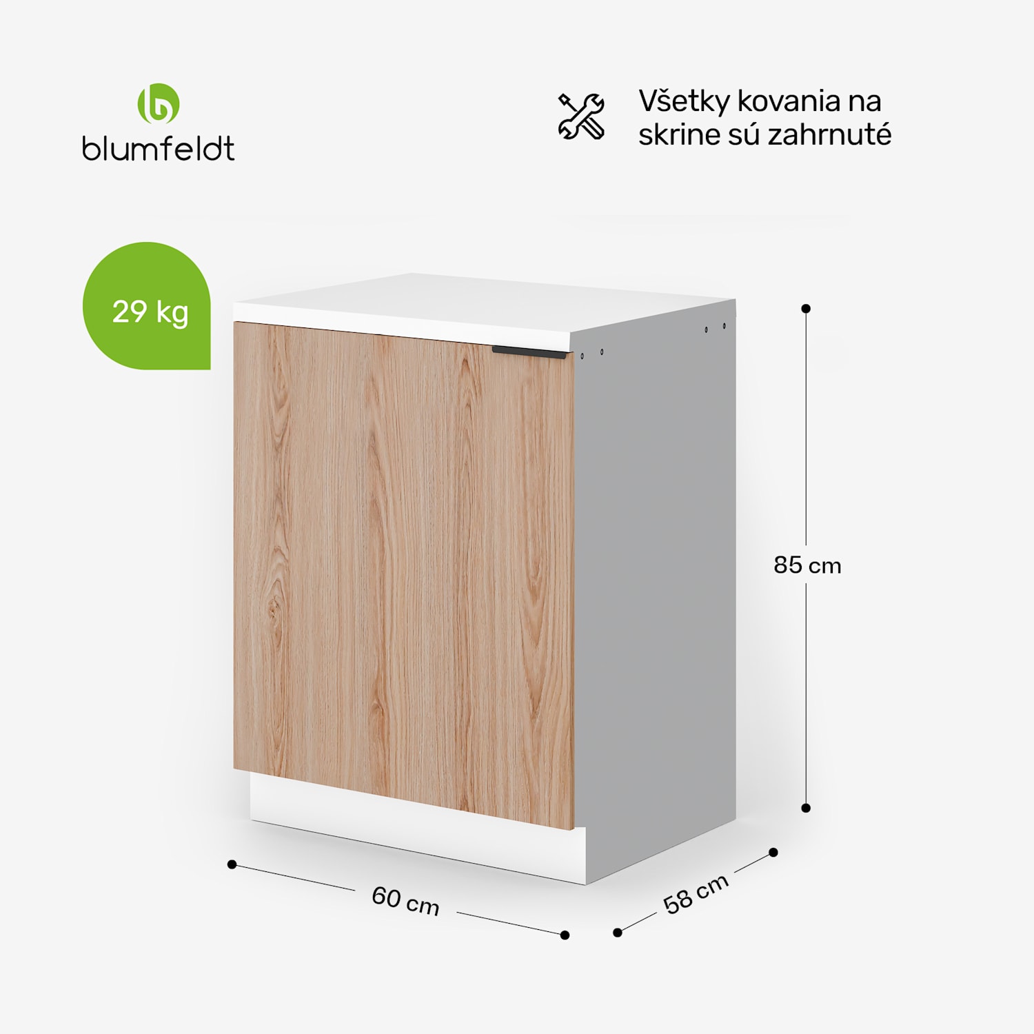 WoodVista spodná skrinka drezu, Robustná, Soft-Close závesy, Hliníkové rukoväte Základňa drezu 60 cm | Biela / Dub