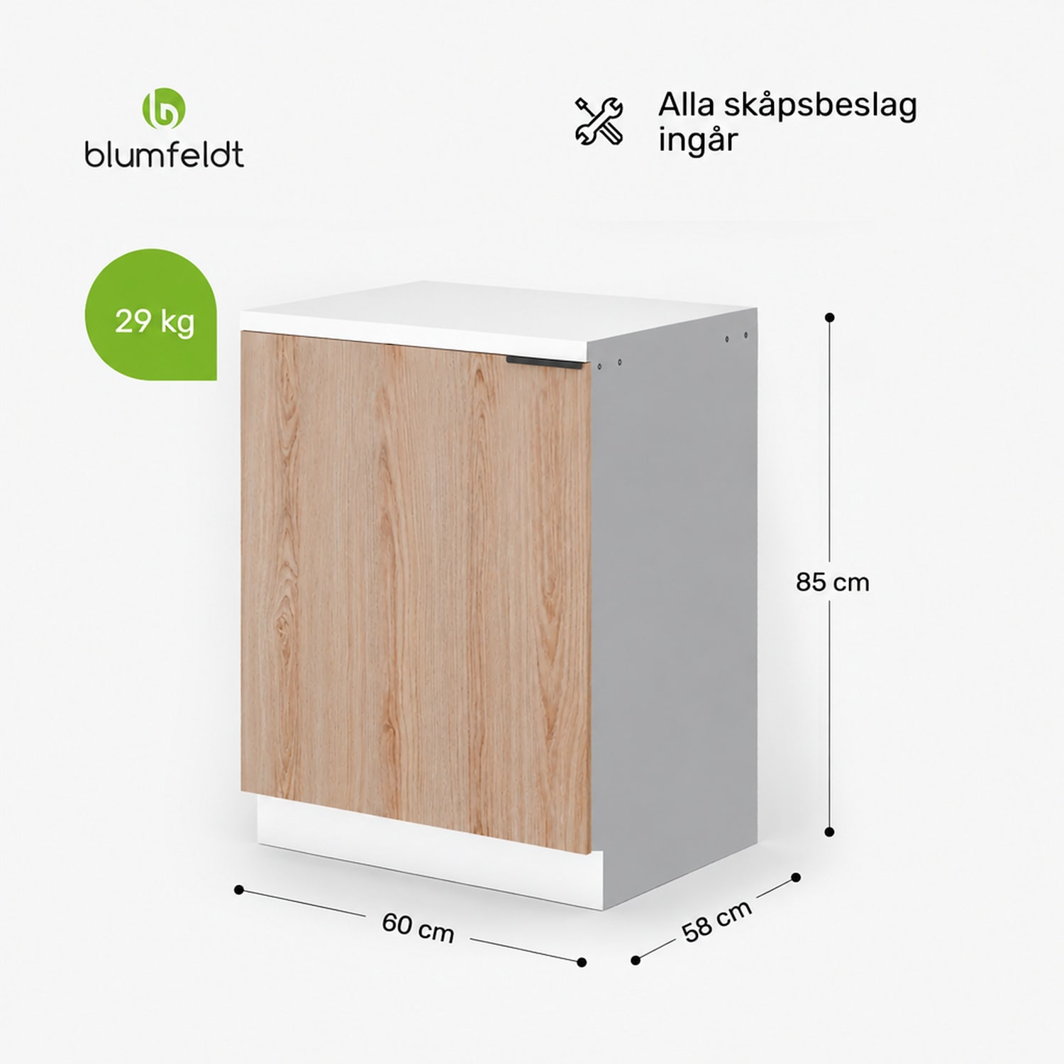 WoodVista diskbänksskåp | Robust | Mjukstängande gångjärn | Aluminiumhandtag Diskbänk bottenenhet 60 cm | Vit / Ek