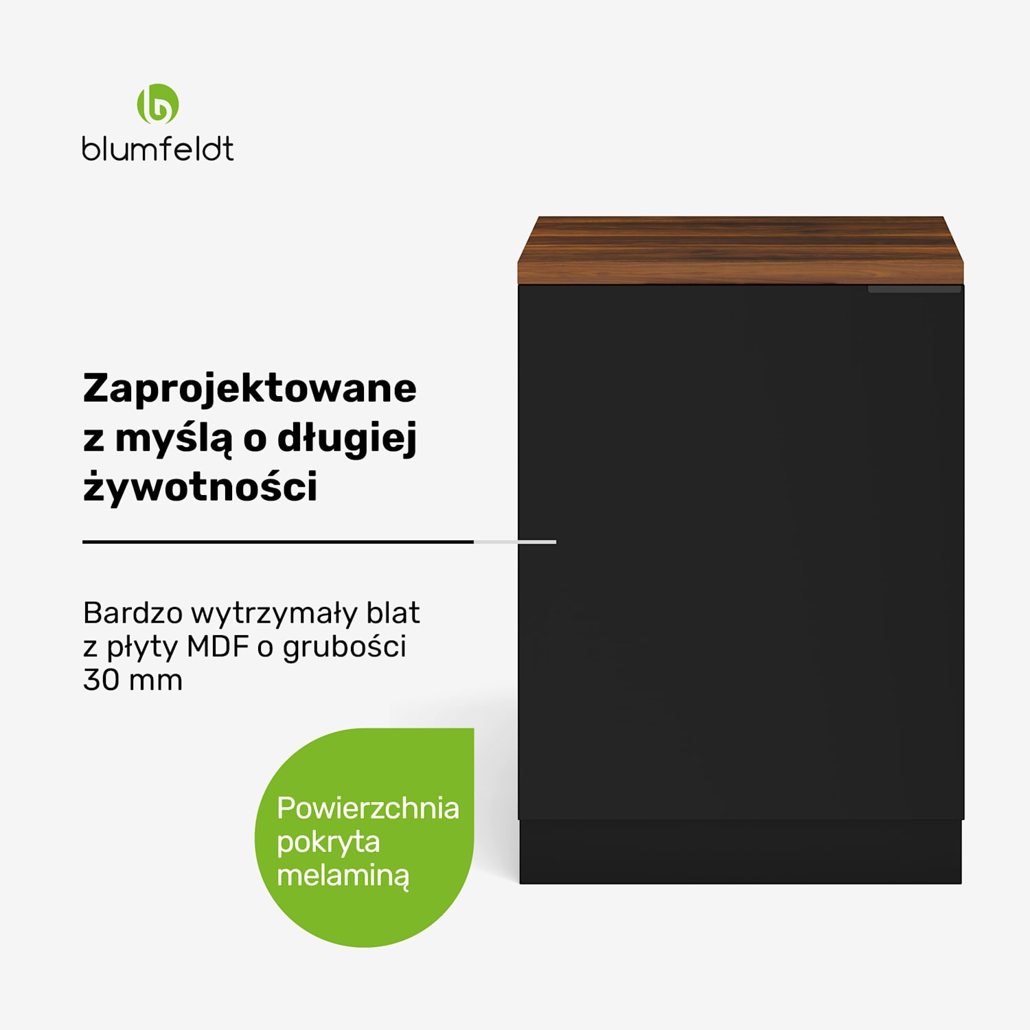 WoodVista szafka pod zlewozmywak, solidna, zawiasy Soft-Close, aluminiowe uchwyty Szafka pod zlewozmywak 60 cm | Orzech / czerń