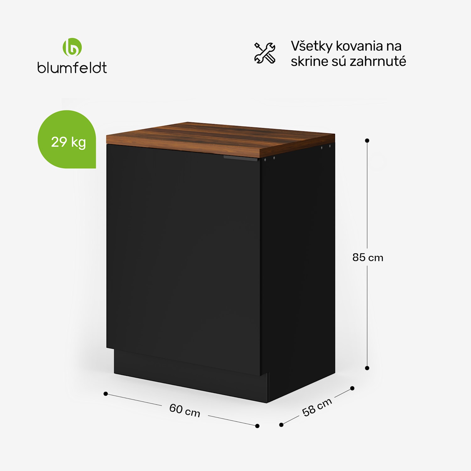 WoodVista spodná skrinka drezu, Robustná, Soft-Close závesy, Hliníkové rukoväte Základňa drezu 60 cm | Orech / čierna