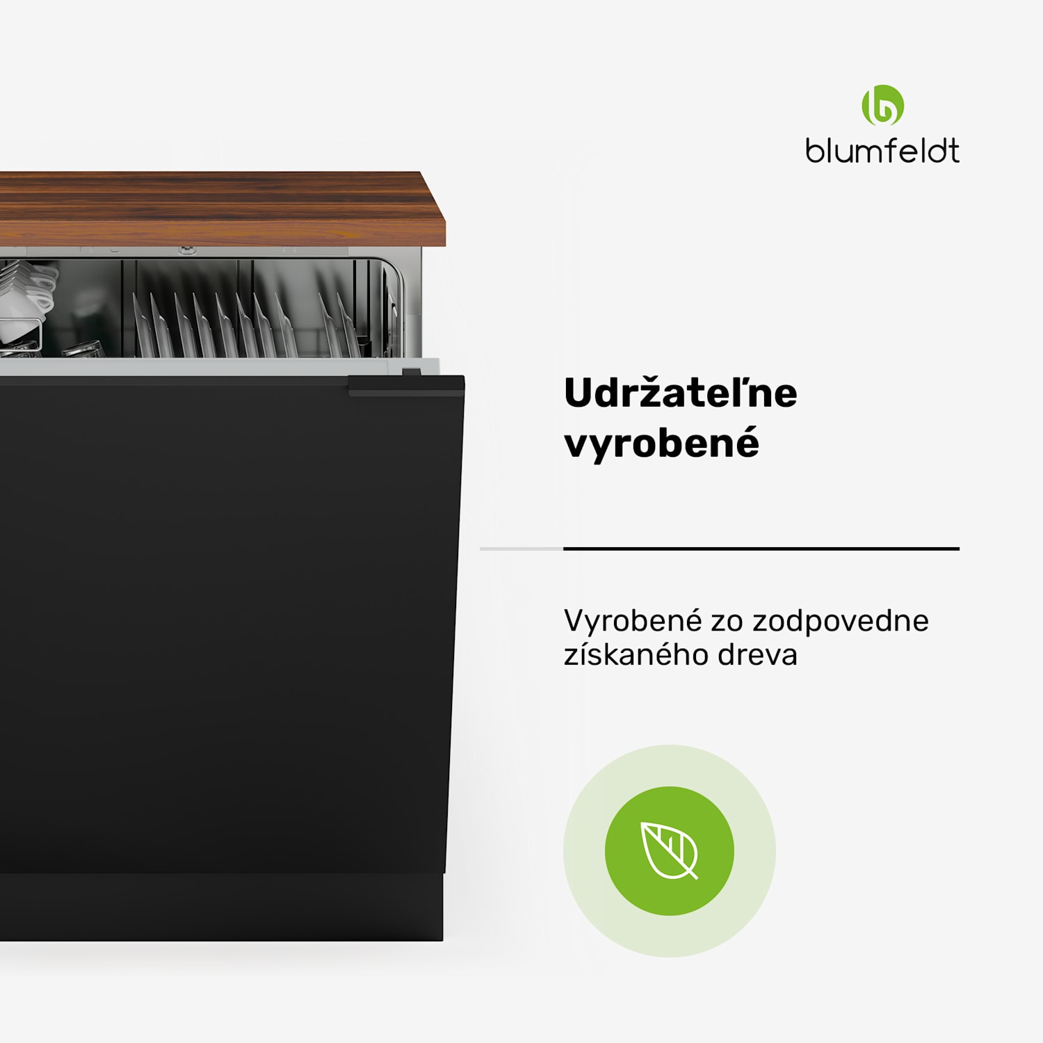 WoodVista skrinka na umývačku riadu, Robustná pracovná doska, Bezproblémová integrácia Skrinka na umývačku riadu | Orech / čierna