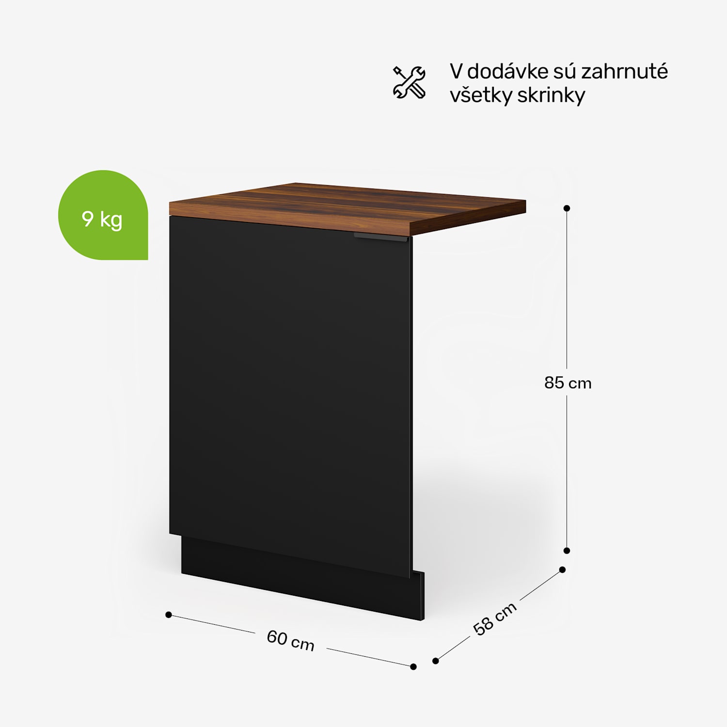 WoodVista skrinka na umývačku riadu, Robustná pracovná doska, Bezproblémová integrácia Skrinka na umývačku riadu | Orech / čierna