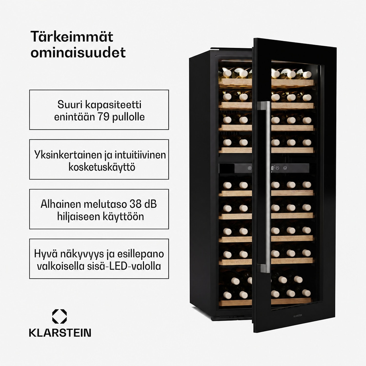 Vinsider Duo -viinikaappi | 79 pulloa | 2 jäähdytysaluetta | UV-suoja | 9 hyllyä | kosketus 79 pulloa | 2 jäähdytysalue | Musta