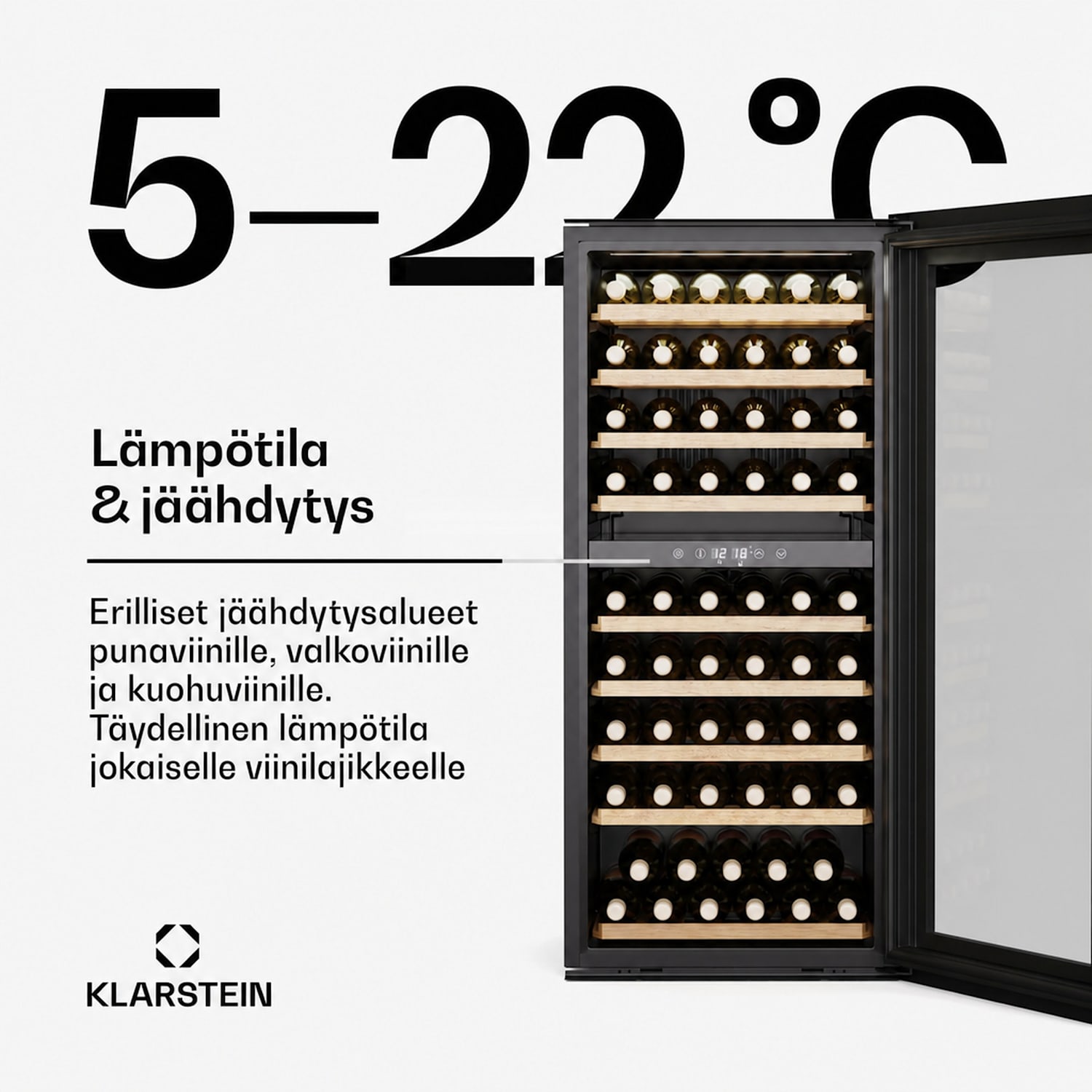 Vinsider Duo -viinikaappi | 79 pulloa | 2 jäähdytysaluetta | UV-suoja | 9 hyllyä | kosketus 79 pulloa | 2 jäähdytysalue | Musta