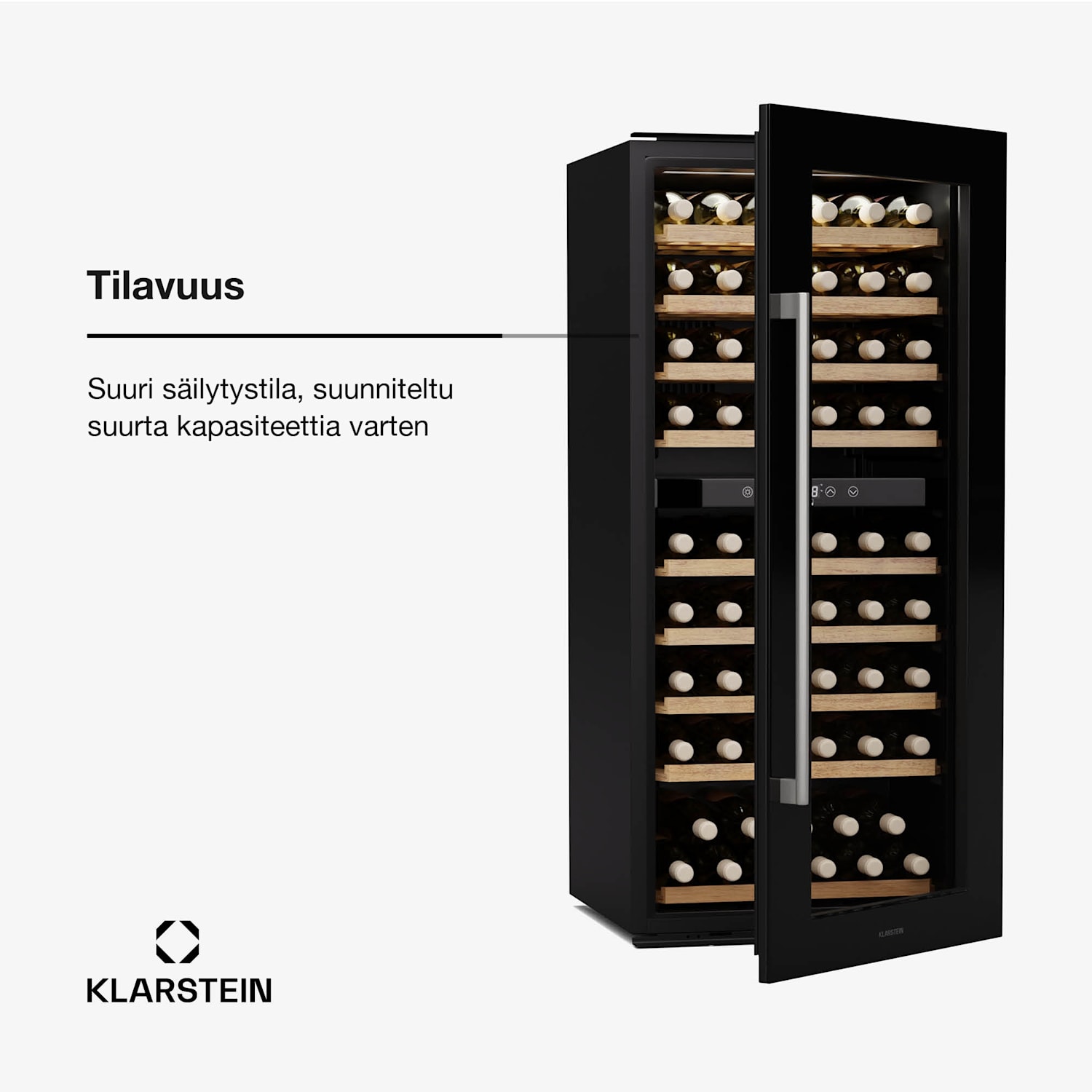 Vinsider Duo -viinikaappi | 79 pulloa | 2 jäähdytysaluetta | UV-suoja | 9 hyllyä | kosketus 79 pulloa | 2 jäähdytysalue | Musta