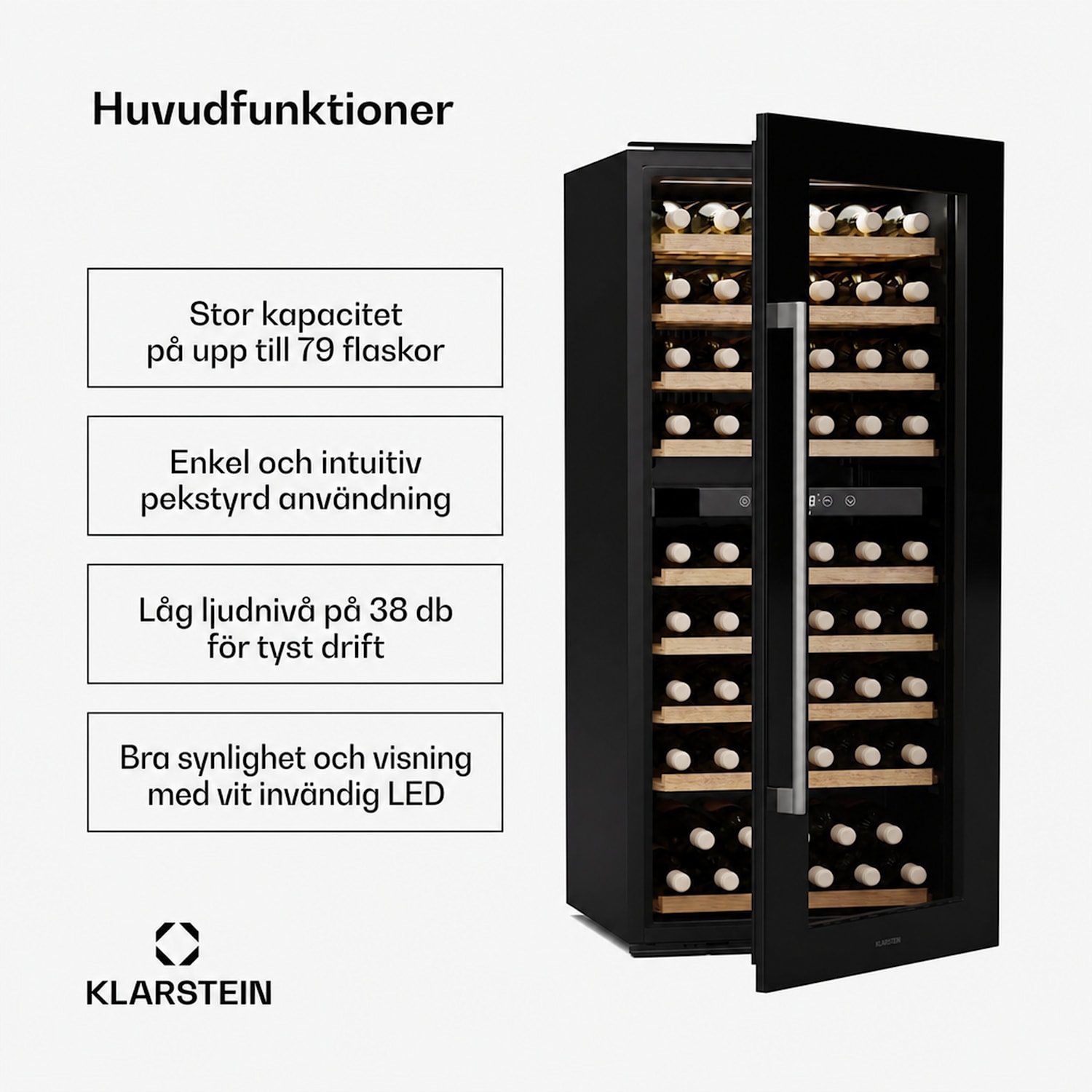 Vinsider Duo vinkylskåp | 79 flaskor | 2 kylzoner | UV-skydd | 9 hyllor | touchkontroll 79 flaskor | 2 kylzoner | Svart