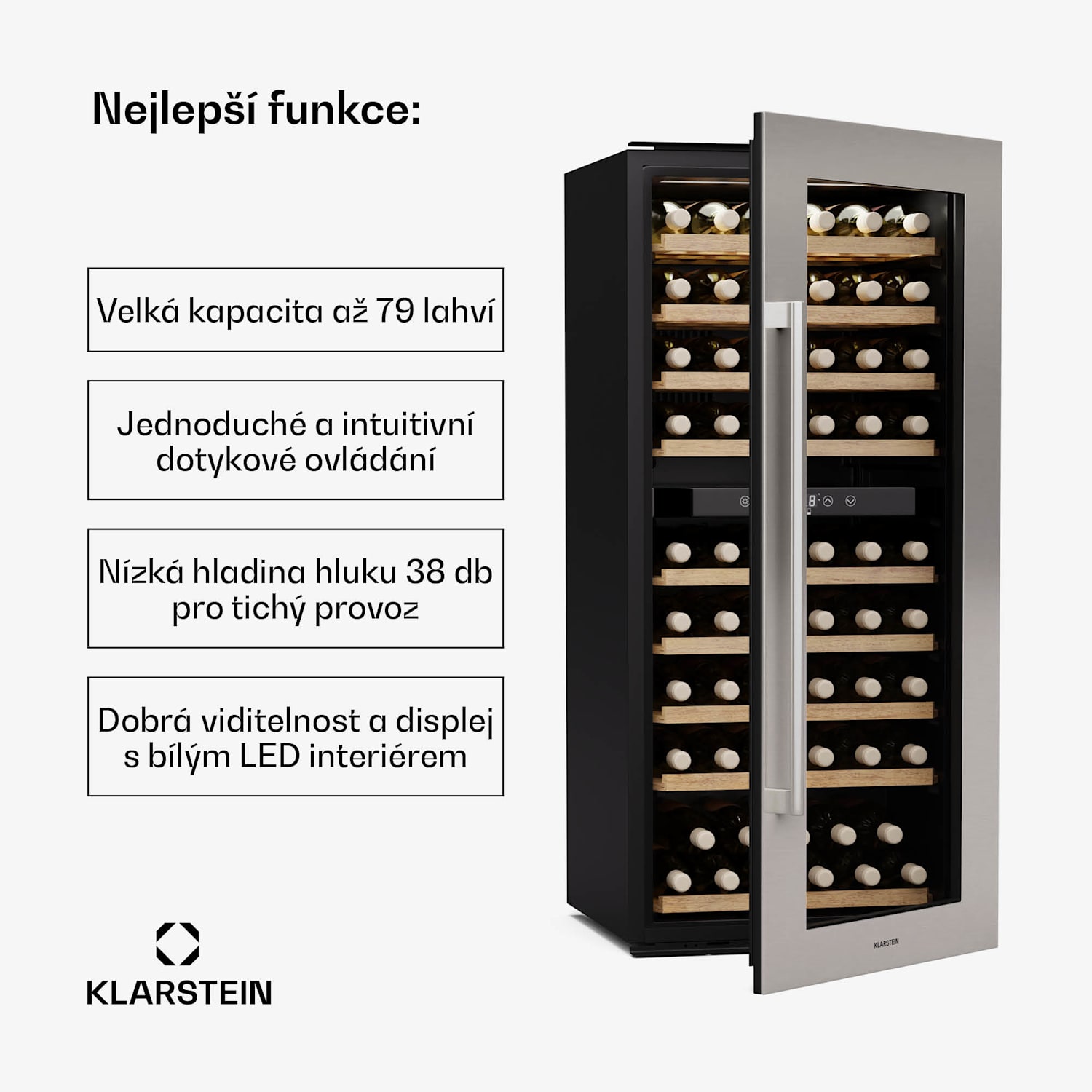 Vinsider Duo vinotéka, 79 lahví, 2 chladicí zóny, UV ochrana, 9 polic, Dotykové ovládání 79 lahví | 2 chladicí zóny | Nerezová ocel