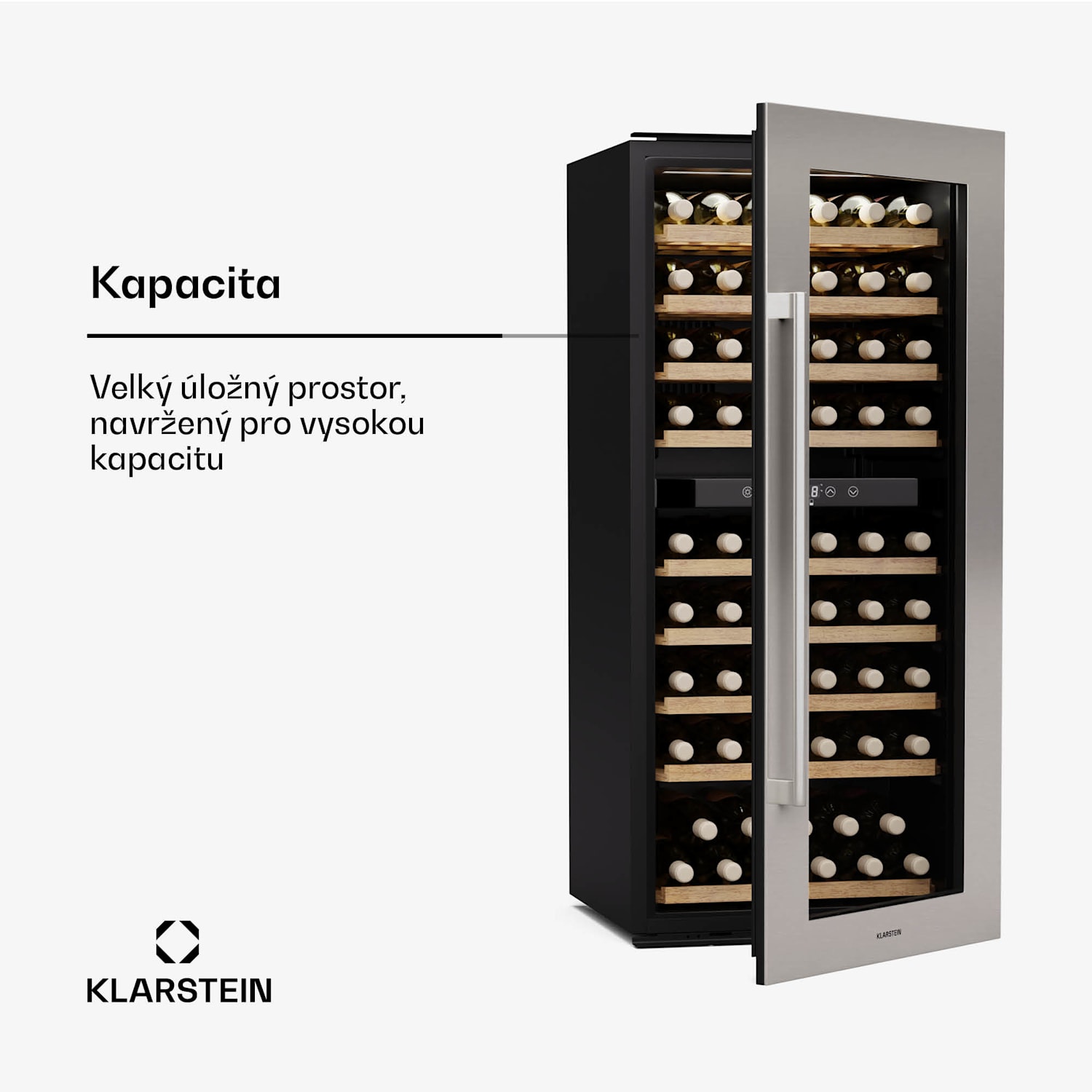 Vinsider Duo vinotéka, 79 lahví, 2 chladicí zóny, UV ochrana, 9 polic, Dotykové ovládání 79 lahví | 2 chladicí zóny | Nerezová ocel