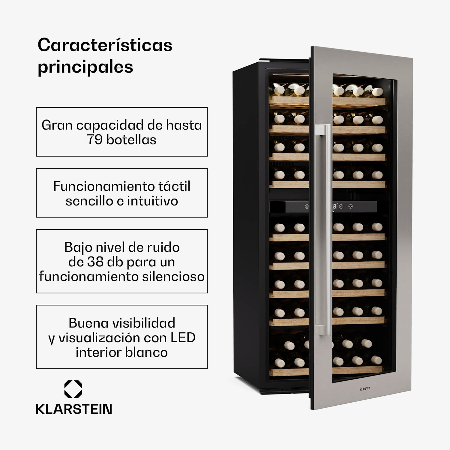 Refrigerador de vino Vinsider Duo | 79 botellas | 2 zonas de enfriamiento | Protección UV | 9 estantes | Táctil 79 botellas | 2 zonas de refrigeración | Acero Inoxidable