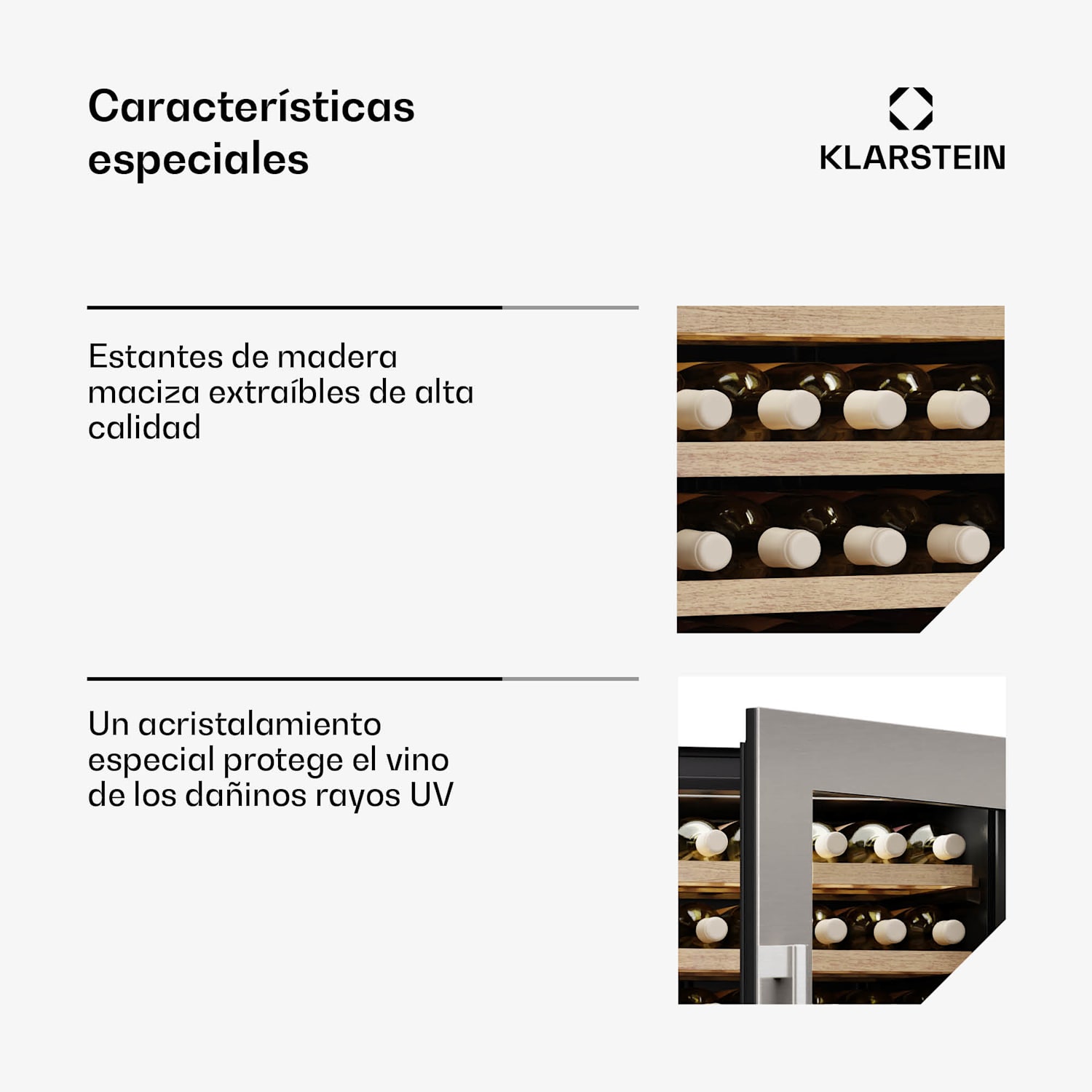 Refrigerador de vino Vinsider Duo | 79 botellas | 2 zonas de enfriamiento | Protección UV | 9 estantes | Táctil 79 botellas | 2 zonas de refrigeración | Acero Inoxidable