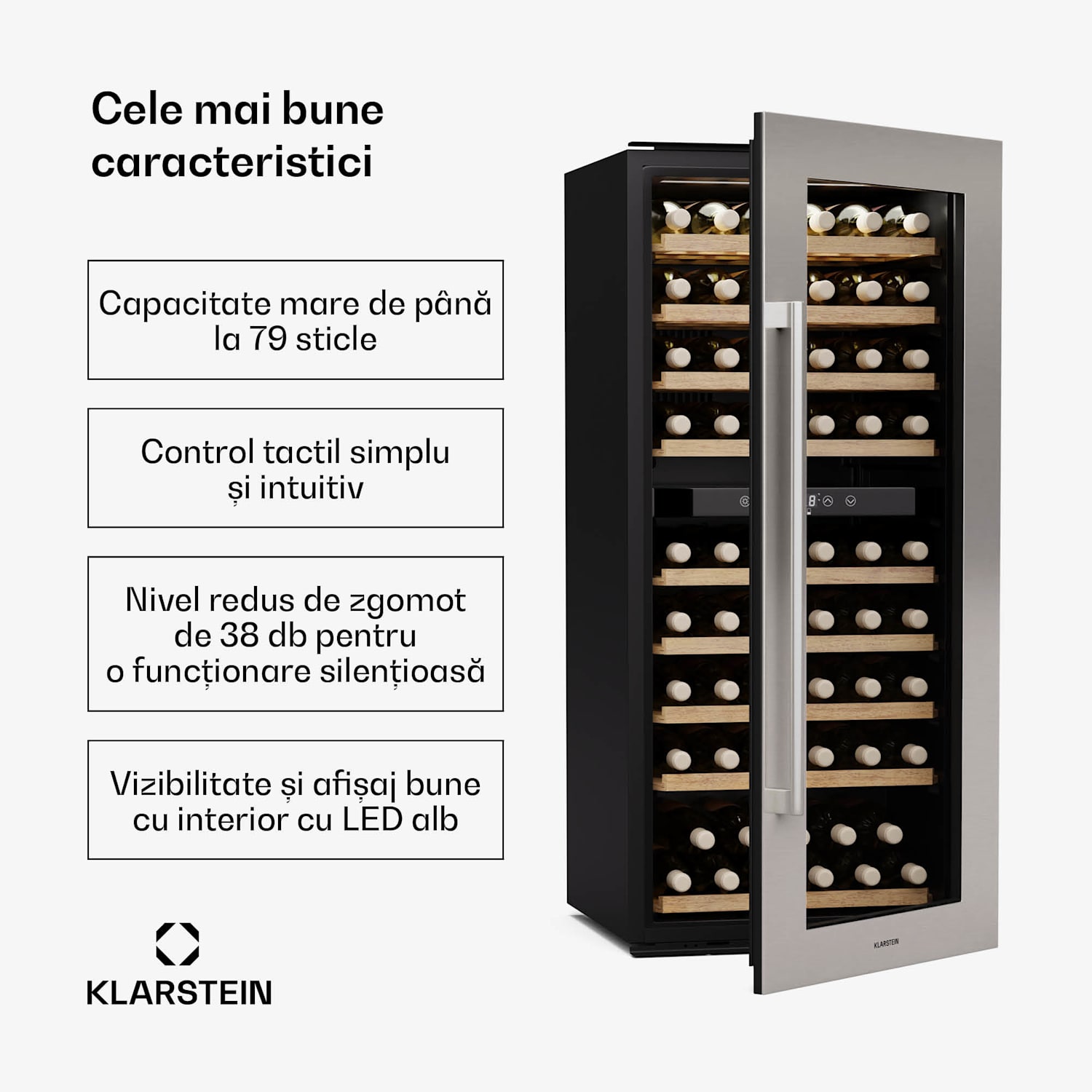 Răcitor de vin Vinsider Duo, 79 sticle, 2 zone de răcire, Protecție UV, 9 rafturi, Control tactil 79 de sticle | 2 | Oțel inoxidabil