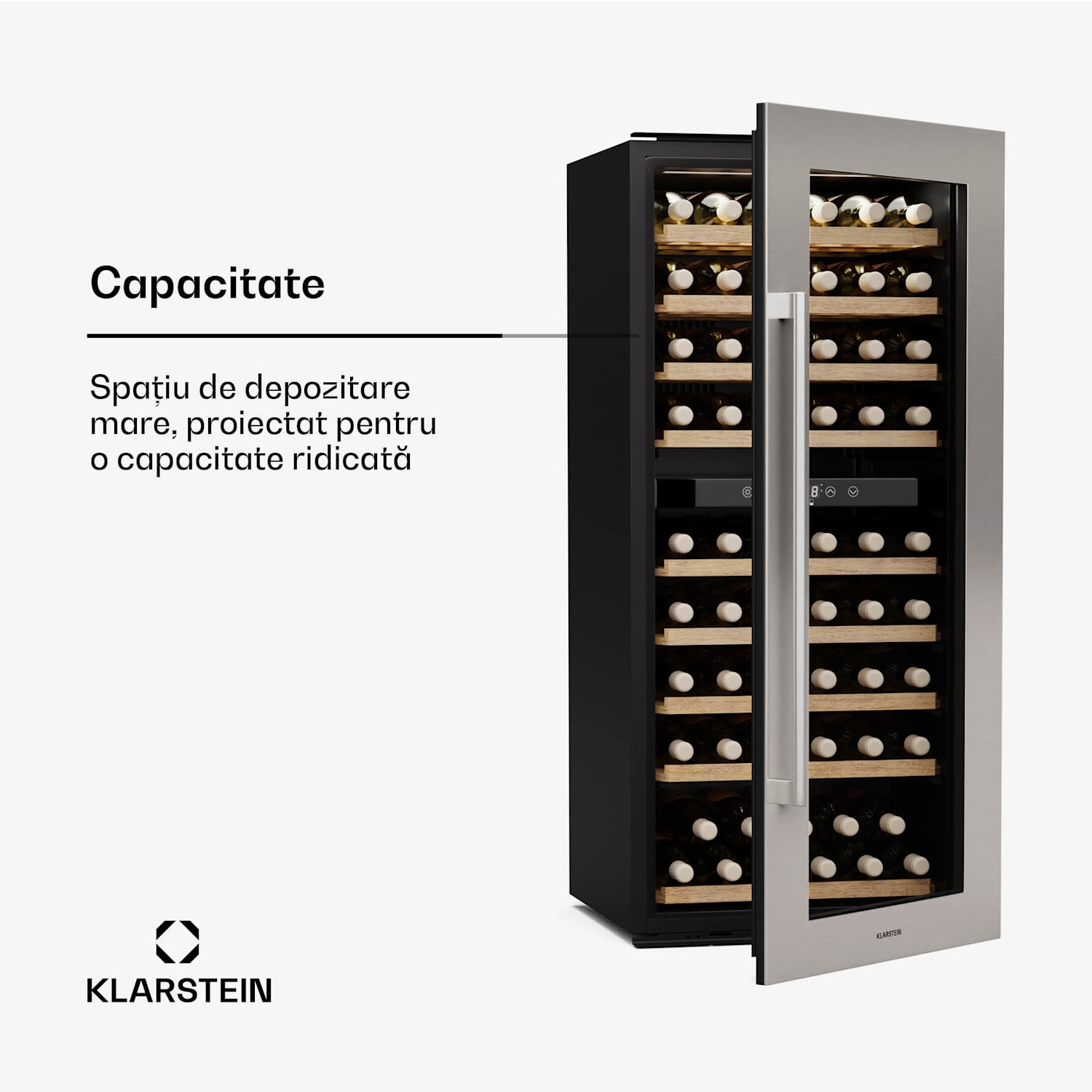 Răcitor de vin Vinsider Duo, 79 sticle, 2 zone de răcire, Protecție UV, 9 rafturi, Control tactil 79 de sticle | 2 | Oțel inoxidabil