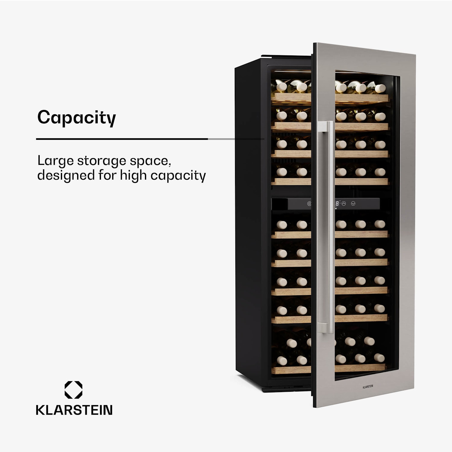 Vinsider Duo -viinikaappi | 79 pulloa | 2 jäähdytysaluetta | UV-suoja | 9 hyllyä | kosketus 79 pulloa | 2 jäähdytysalue | Ruostumaton Teräs