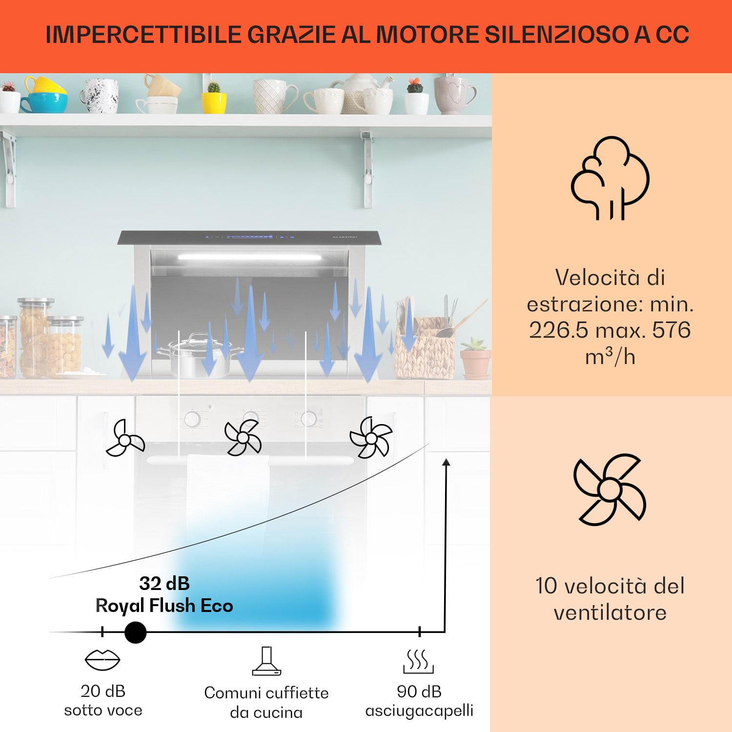 Royal Flush Eco cappa aspirante, 60 cm, 576 m³/h, A++ 60 cm | Nero | Acciaio inox