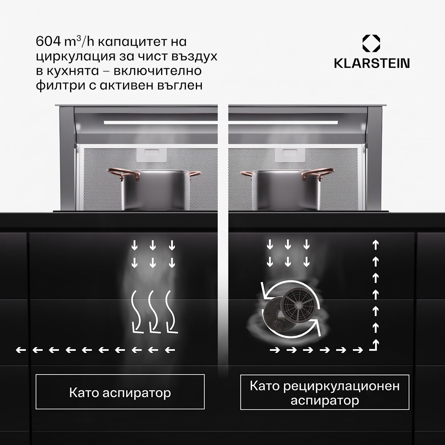 Royal Flush Eco 90, аспиратор, 90 см, 604 м³/ч, EEK A++, вкл. филтри с активен въглен 90 cm | Неръждаема стомана | Неръждаема стомана