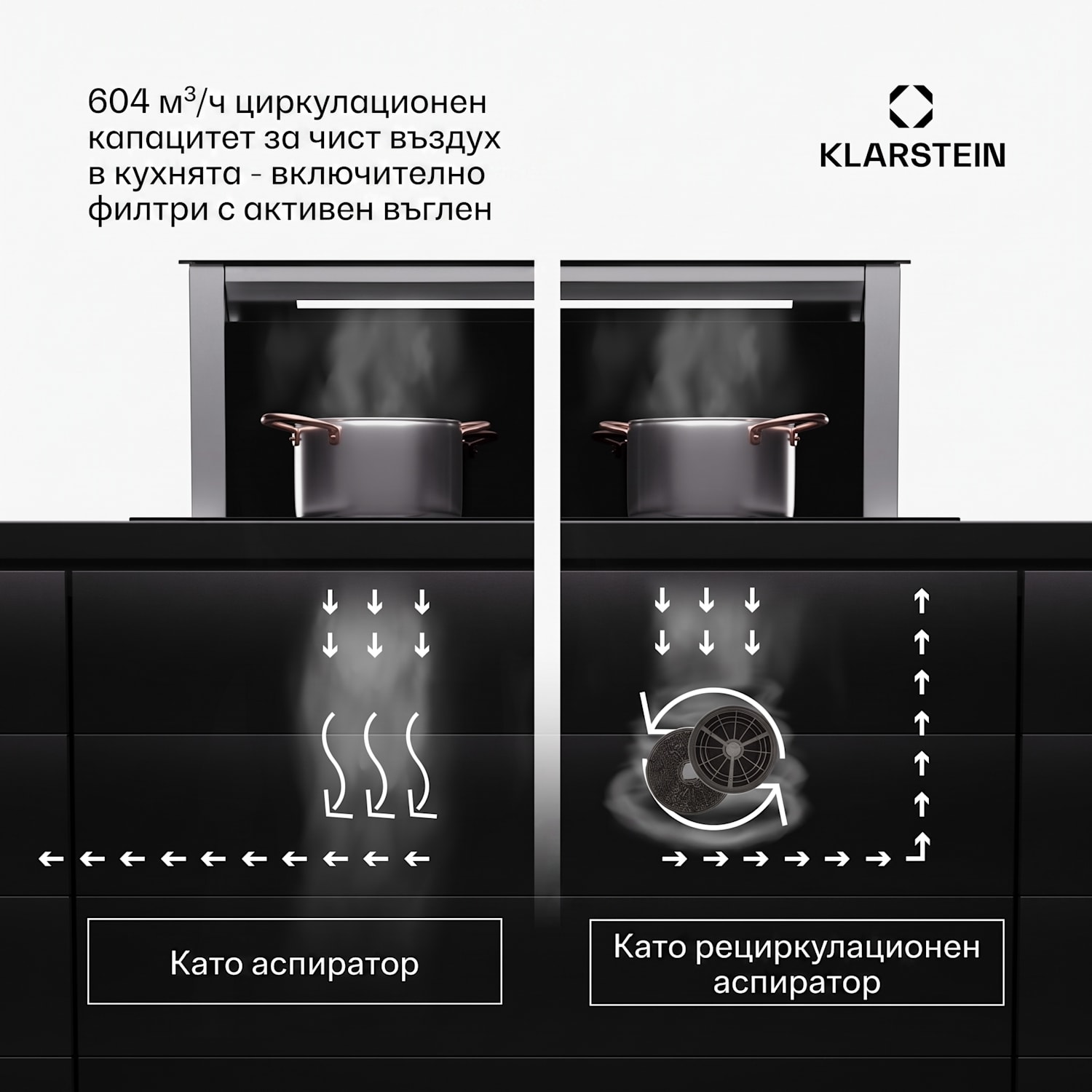 Royal Flush Eco 75, аспиратор, 75 см, 650 м³/ч, EEK A++, вкл. филтри с активен въглен 75 cm | Черно | Неръждаема стомана