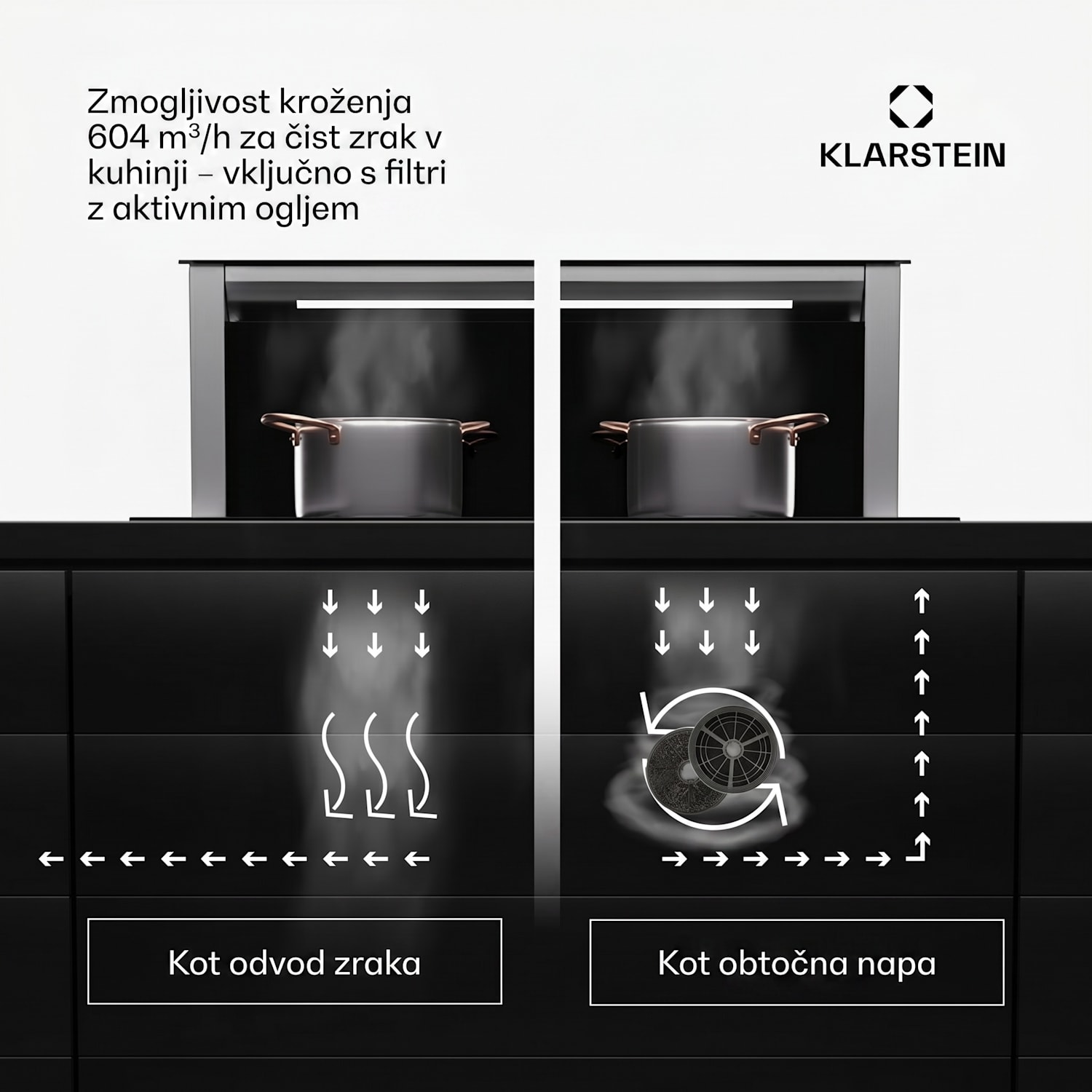 Royal Flush Eco 75, napa, 75 cm, 714 m³/h, EEK A++, vključno s filtri z aktivnim ogljem 75 cm | Črna | Nerjaveče jeklo