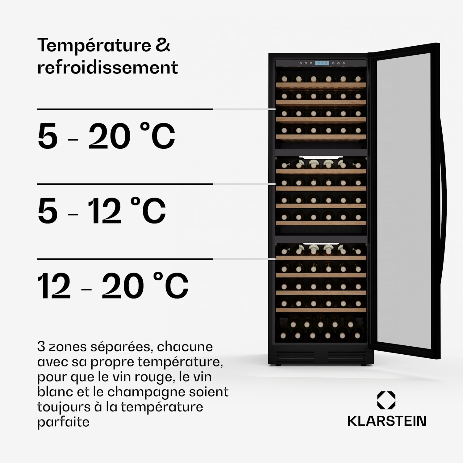 Vinovilla Trio Cave à vin | 144 bouteilles | 3 zones | 38 dB | 12 étagères | Compresseur | 413 litres 143 bouteilles | 3 zones de conservation | Noir