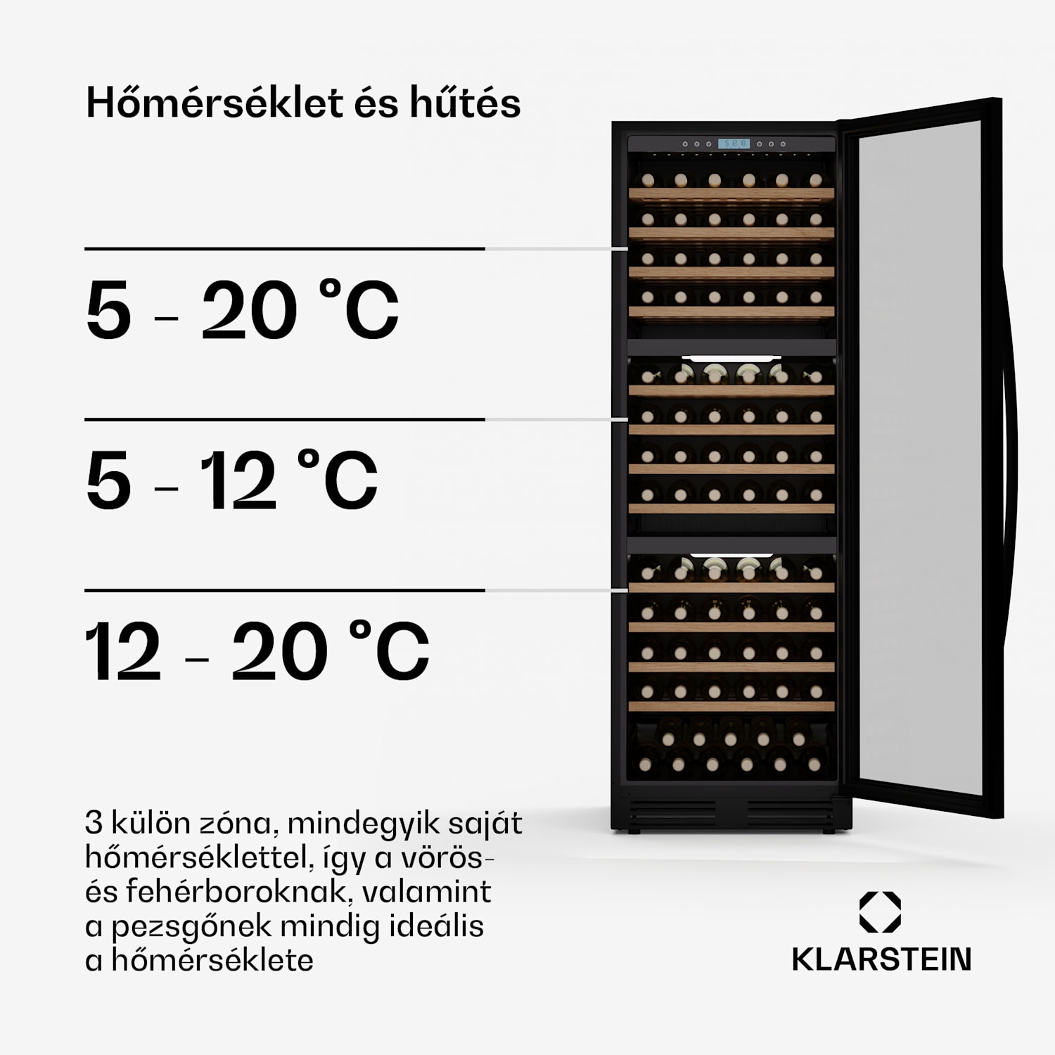 Vinovilla Trio borhűtő, 143 palack, 3 zóna, 38 dB, 12 polc, kompresszor, 413 liter 143 palack | 3 hűtőzóna | Fekete