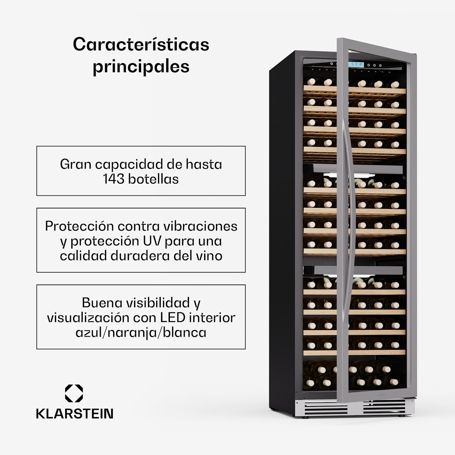 Vinovilla Trio refrigerador de vino | 144 botellas | 3 zonas | 38 dB | 12 estantes | compresor | 413 litros 143 botellas | 3 zonas de refrigeración | Acero Inoxidable