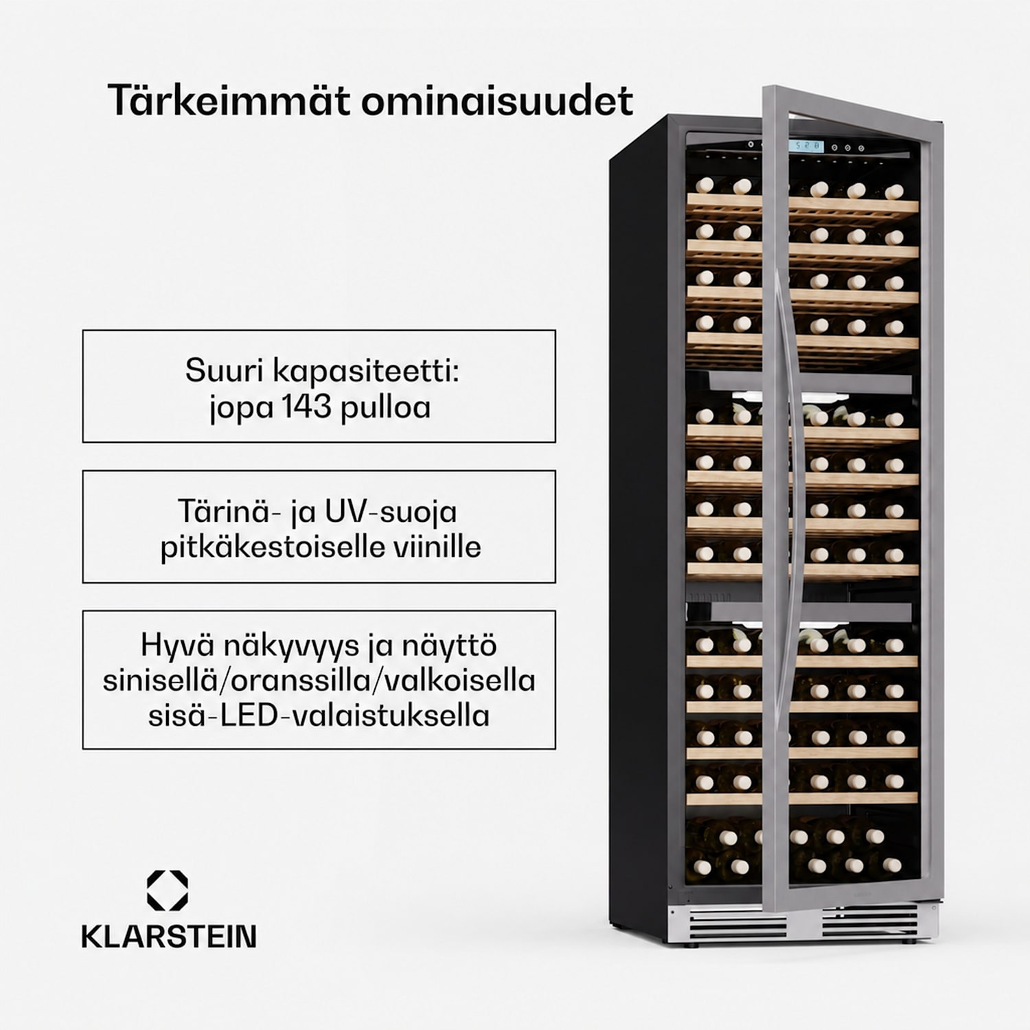 Vinovilla Trio viinikaappi | 144 pulloa | 3 aluetta | 38 dB | 12 hyllyä | kompressori | 413 litraa 143 pulloa | 3 jäähdytysalue | Ruostumaton Teräs