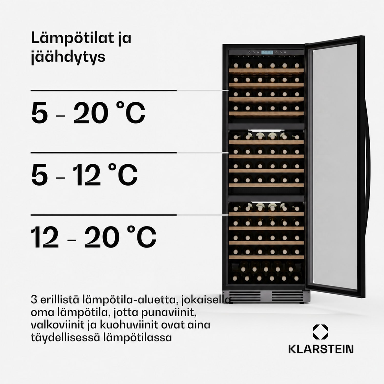 Vinovilla Trio viinikaappi | 144 pulloa | 3 aluetta | 38 dB | 12 hyllyä | kompressori | 413 litraa 143 pulloa | 3 jäähdytysalue | Ruostumaton Teräs