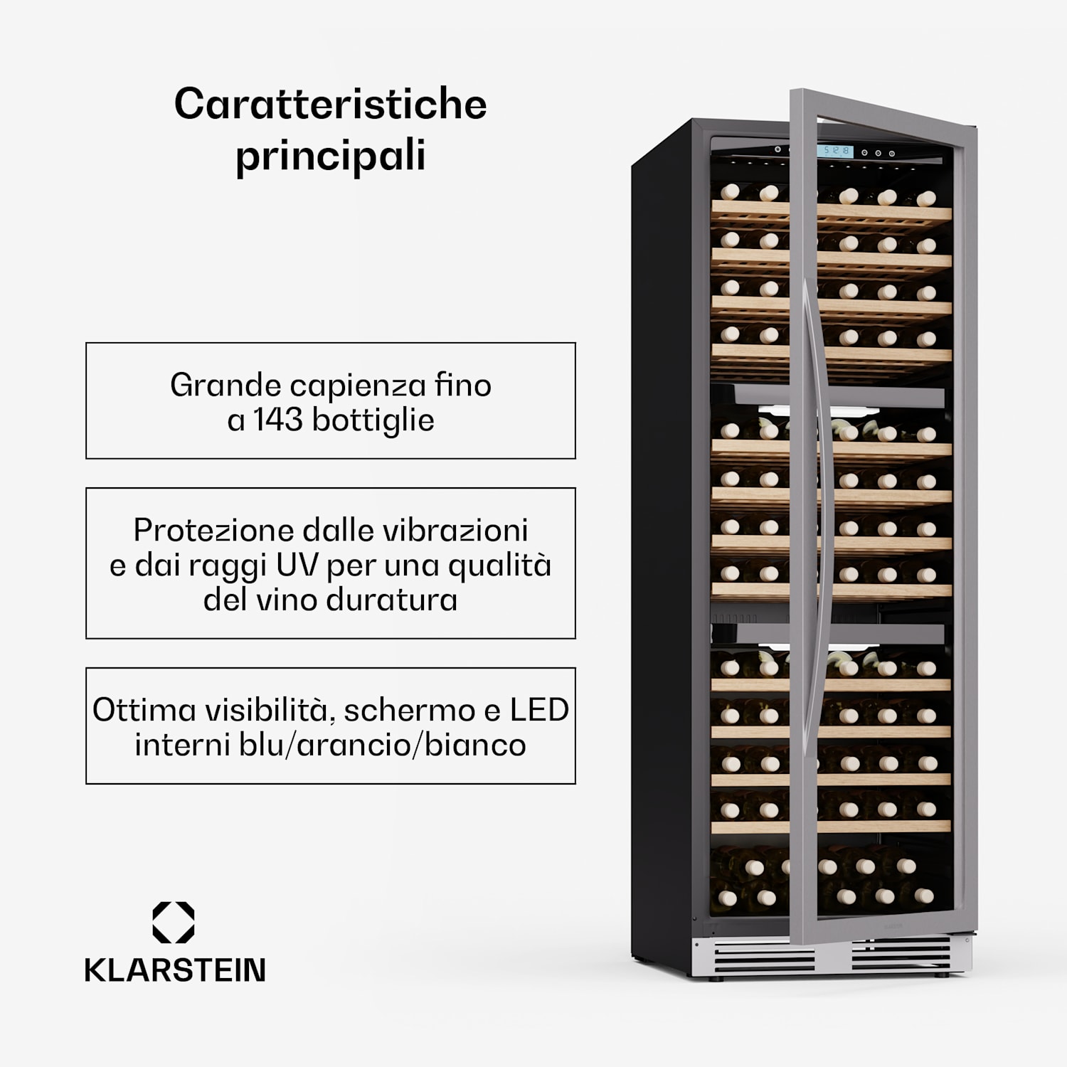 Vinovilla Trio - Frigorifero per vini | 144 bottiglie | 3 zone | 38 dB | 12 ripiani | Compressore | 413 litri 143 bottiglie | 3 zone di raffreddamento | Acciaio inox