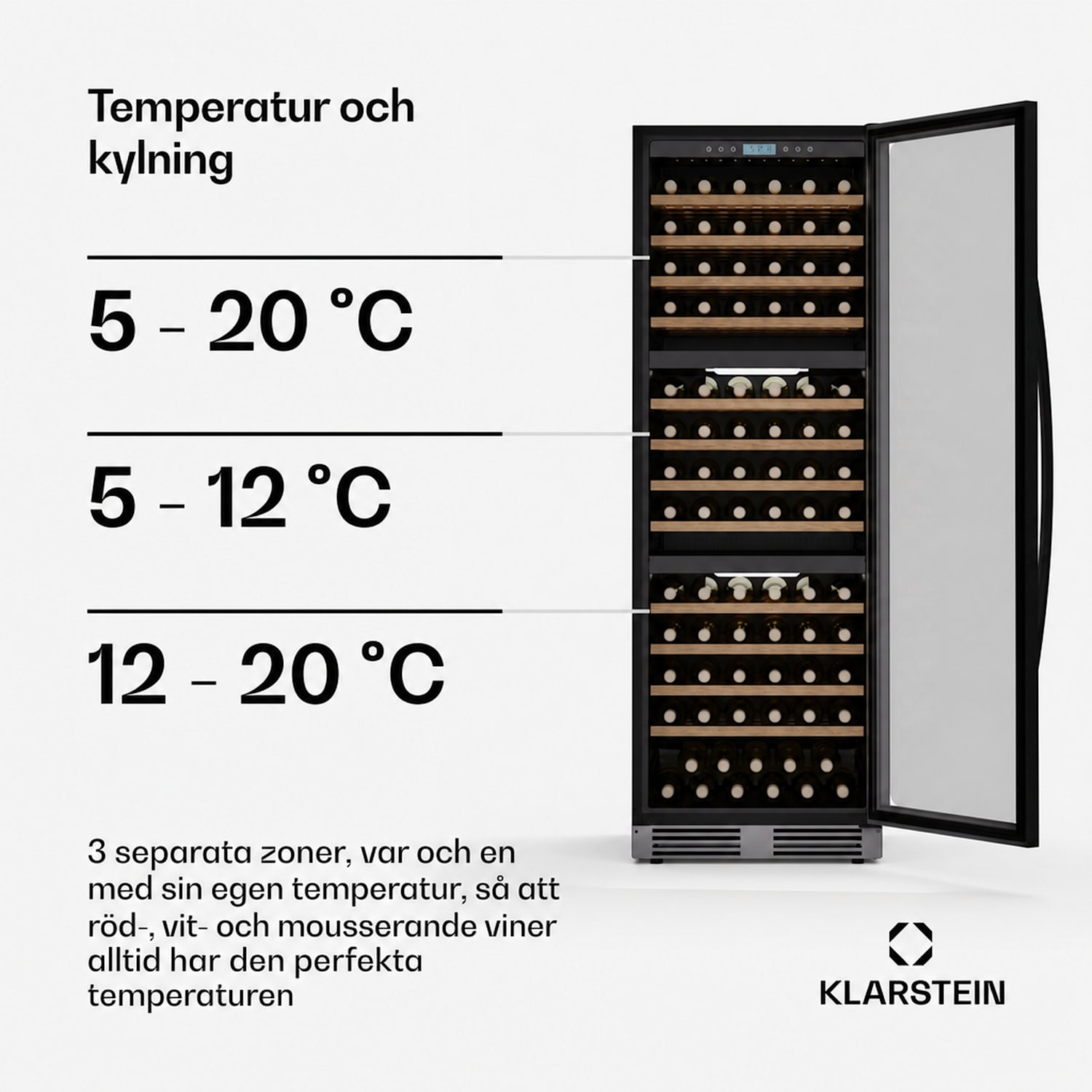 Vinovilla Trio vinkylskåp | 144 flaskor | 3 zoner | 38 dB | 12 hyllor | kompressor | 413 liter 143 flaskor | 3 kylzoner | Rostfritt Stål