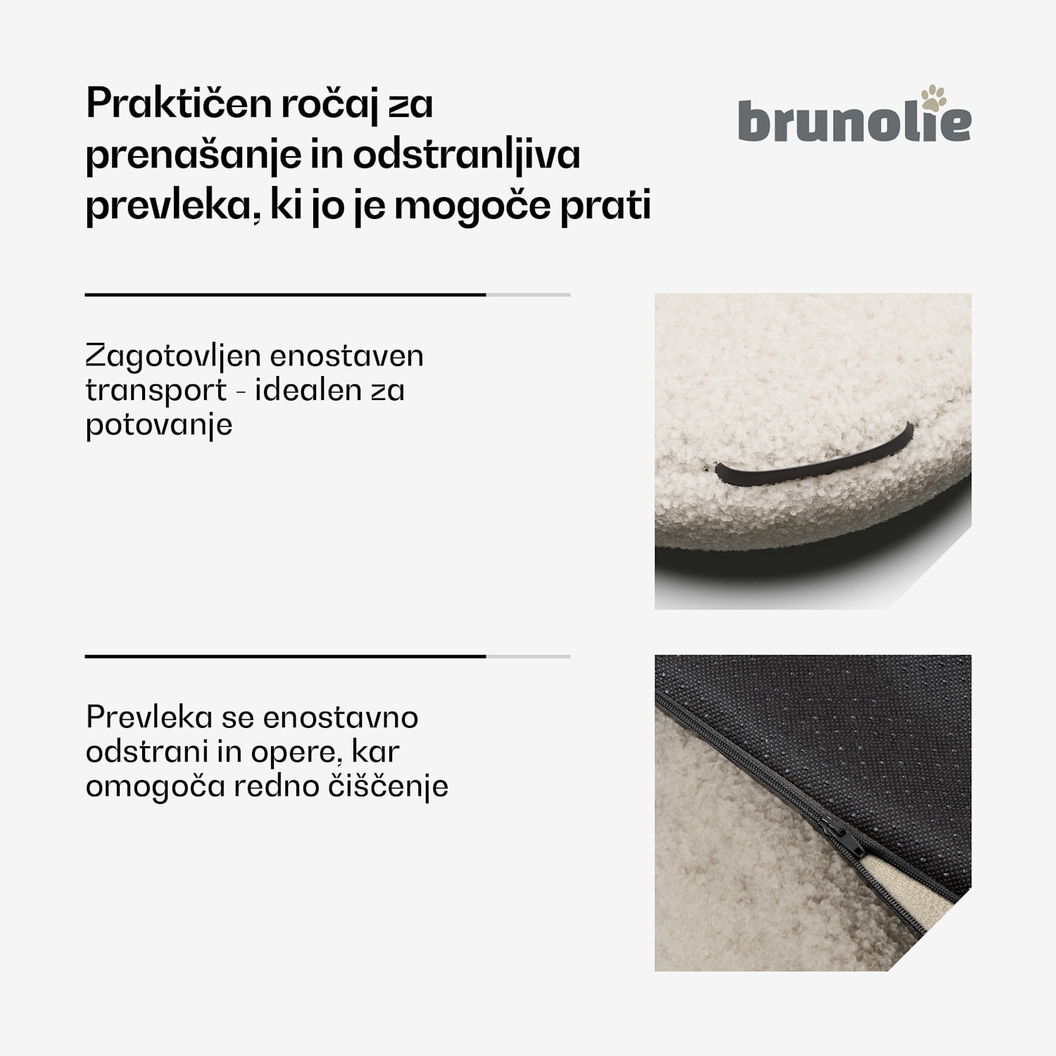 SnugNest pasja postelja Ø50 cm, za majhne pse, ročaj za prenašanje, nedrseča Ø 50 cm | Srednje siva