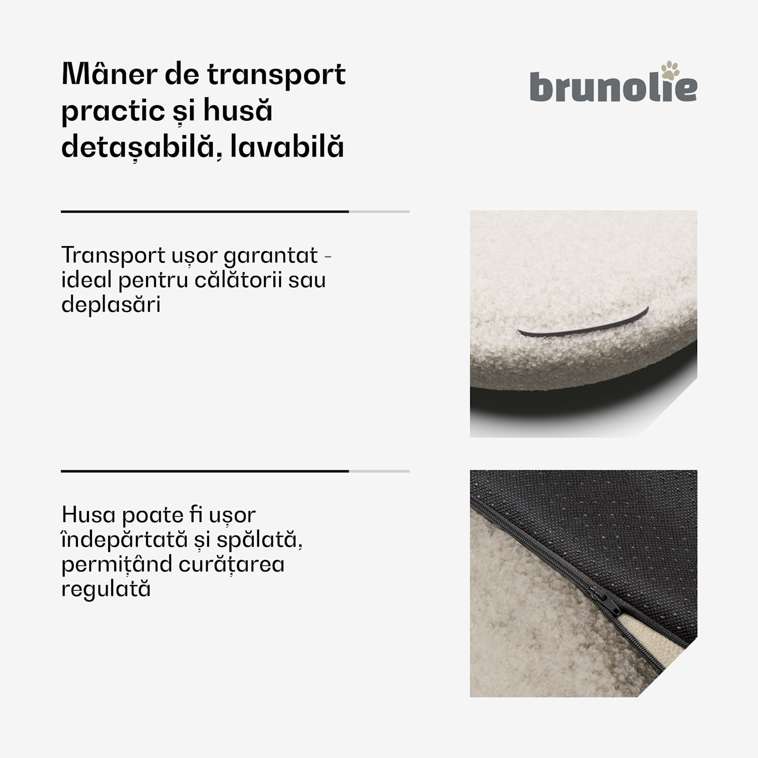 Patul pentru câini SnugNest Ø70 cm, pentru câini mici, mâner de transport, antiderapant Ø 70 cm | Gri mediu