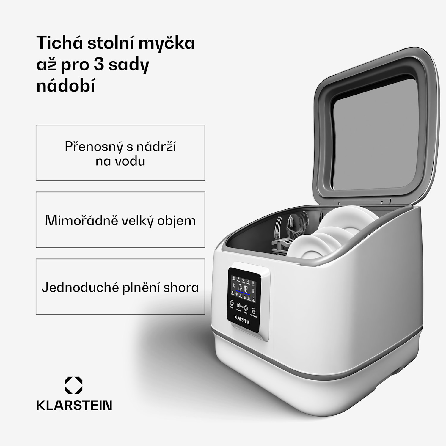 SilentScrub myčka nádobí, přenosná, dotykový displej, 7 programů, 3 sady nádobí, koš na příbory 