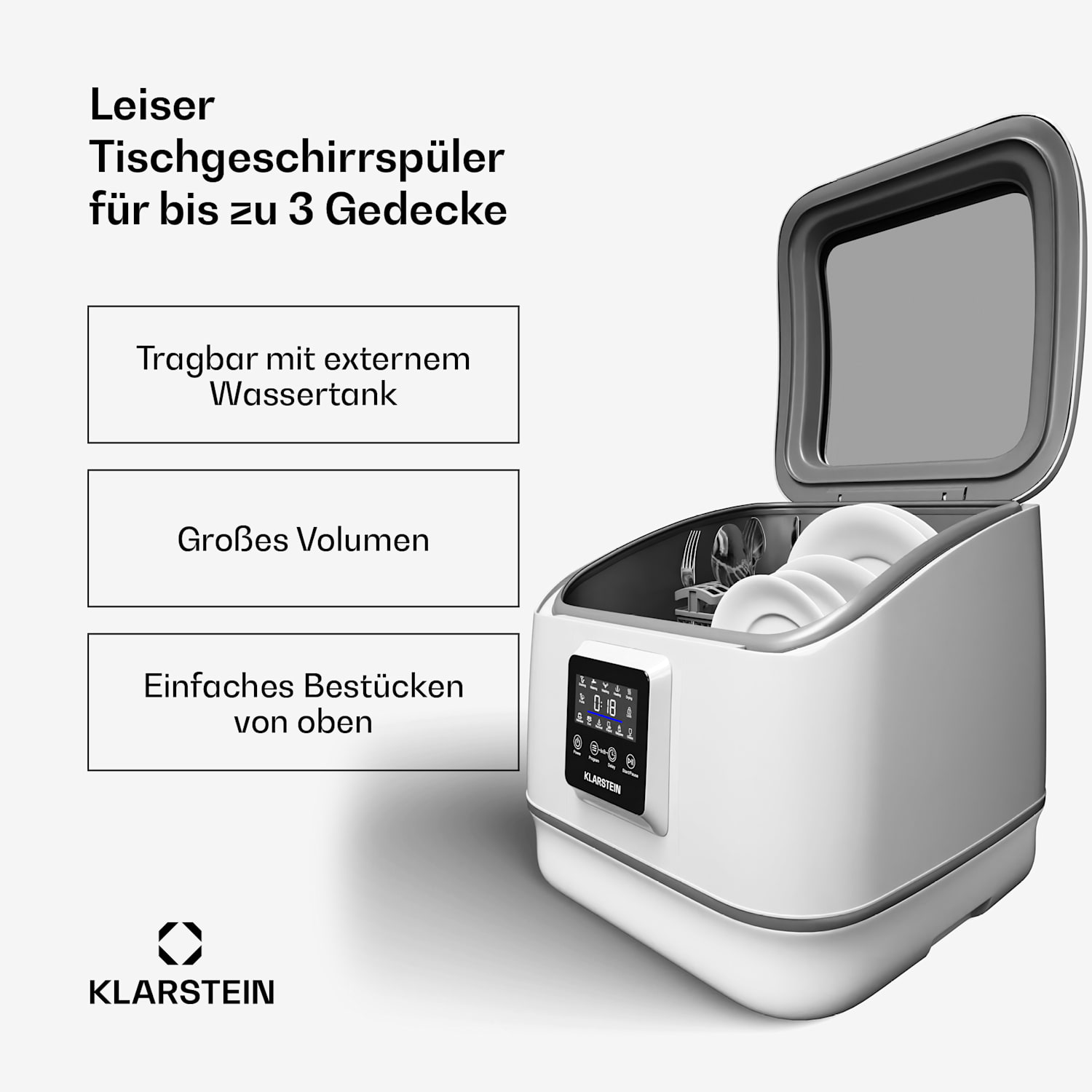 SilentScrub Geschirrspüler | tragbar | Touchscreen | 7 Programme | 3 Gedecke | Besteckkorb 