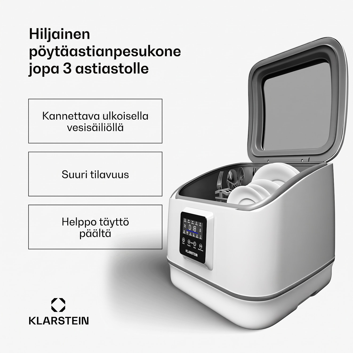 SilentScrub-astianpesukone | kannettava | kosketusnäyttö | 7 ohjelmaa | 3 astiastoa | ruokailuvälinekori 