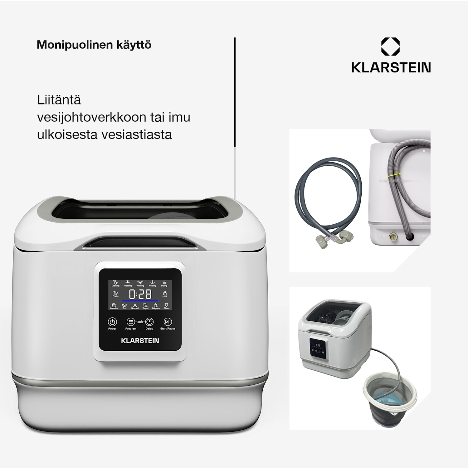 SilentScrub-astianpesukone | kannettava | kosketusnäyttö | 7 ohjelmaa | 3 astiastoa | ruokailuvälinekori 