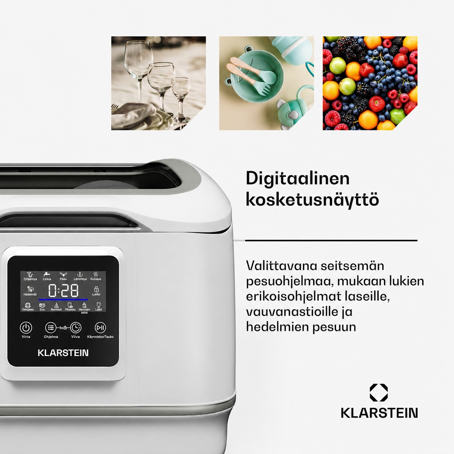SilentScrub-astianpesukone | kannettava | kosketusnäyttö | 7 ohjelmaa | 3 astiastoa | ruokailuvälinekori 